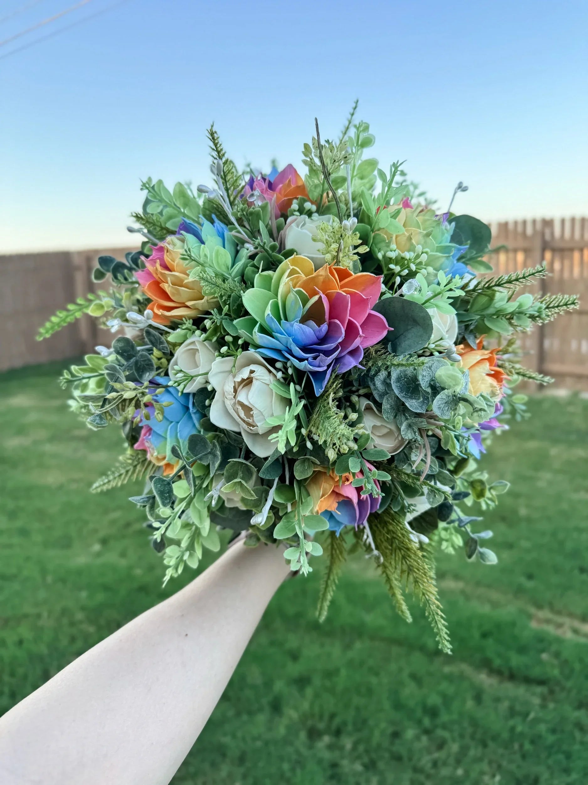 Rainbow “Lover” Bouquet & Boutonniere Set | 12in wild - round ✨ - Sola Wood Flowers | Handcrafted in Austin, TX by Sola Flower Sam