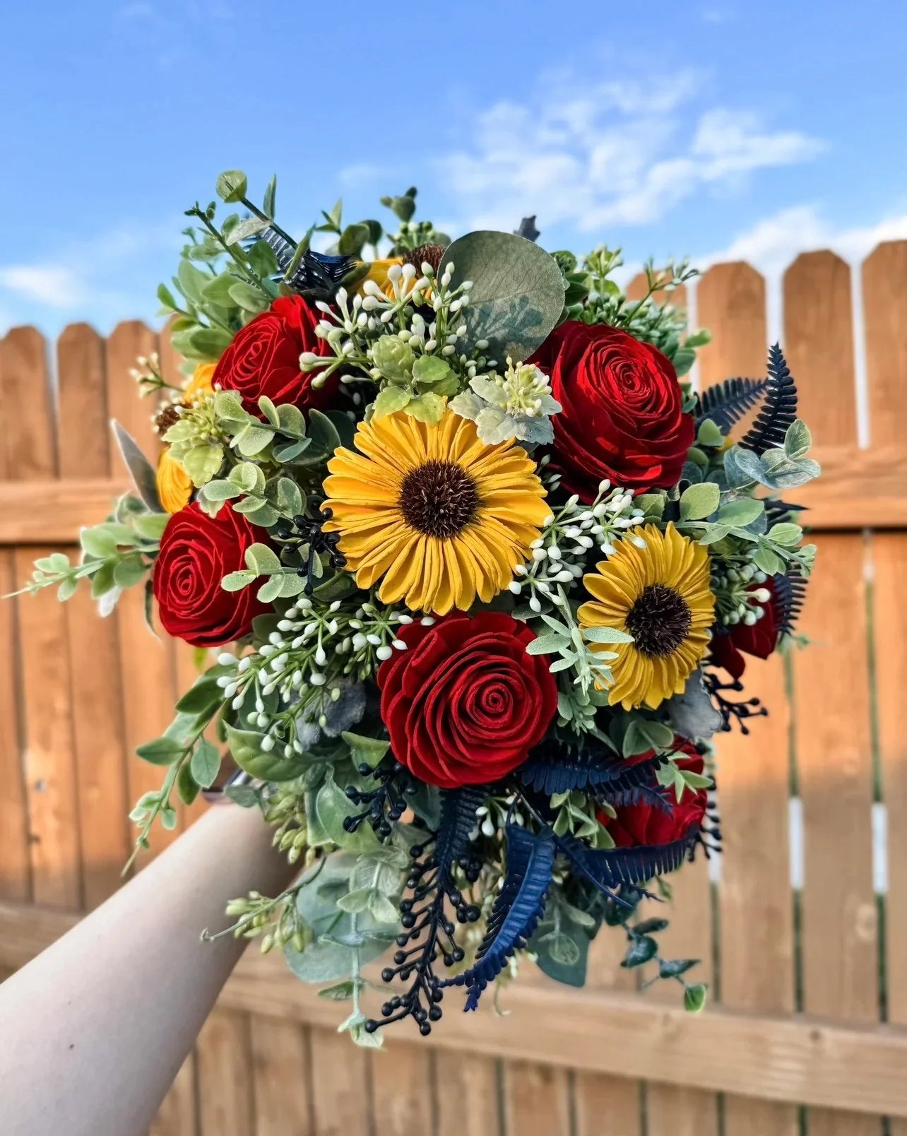 Sunflower & Rose Bouquet & Boutonniere Set | Petite Teardrop Cascade✨ - Sola Wood Flowers | Handcrafted in Austin, TX by Sola Flower Sam