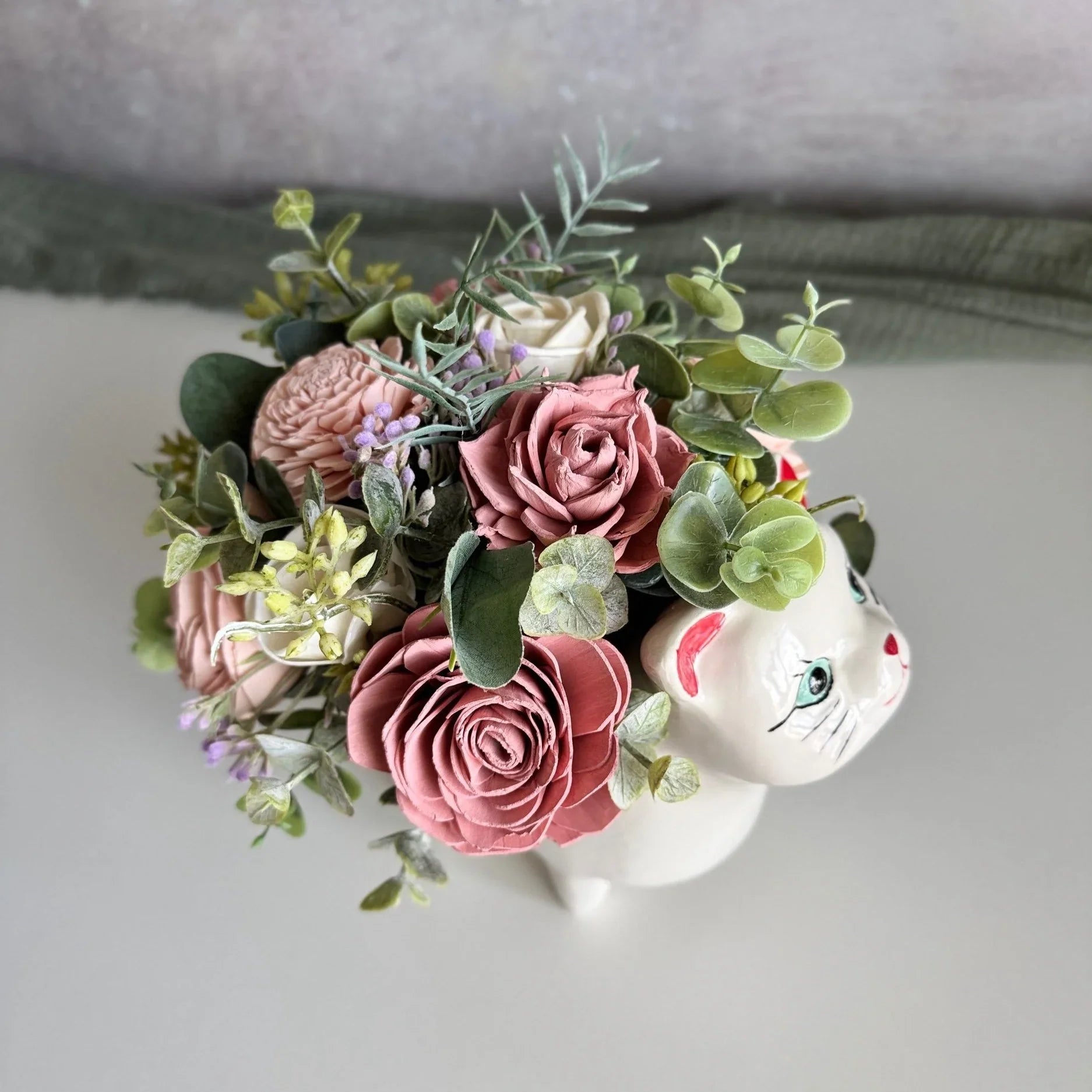 Paws & Petals | Cat Planter with Soft Pink Wood Flowers - Sola Wood Flowers | Handcrafted in Austin, TX by Sola Flower Sam