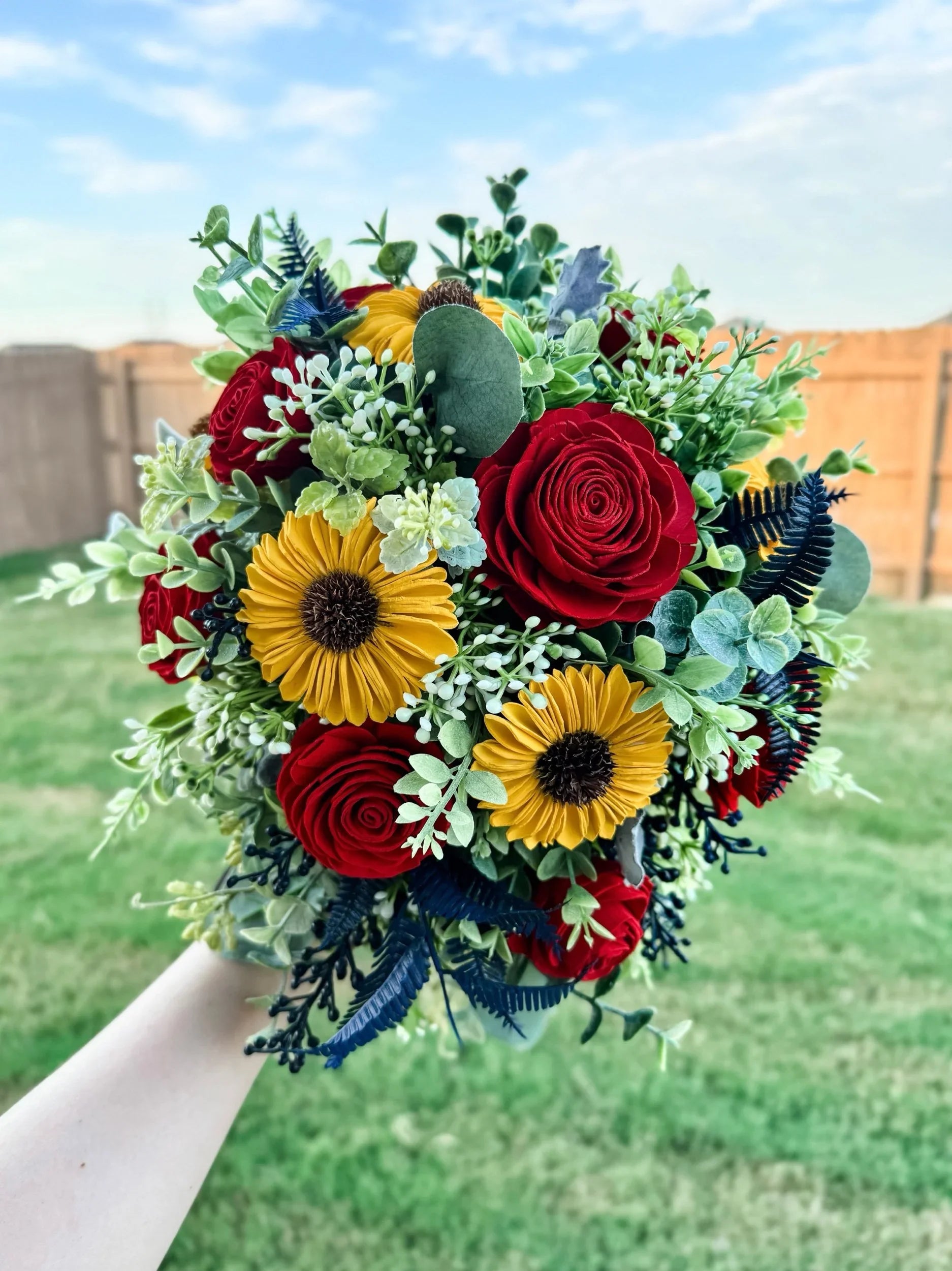 Sunflower & Rose Bouquet & Boutonniere Set | Petite Teardrop Cascade✨ - Sola Wood Flowers | Handcrafted in Austin, TX by Sola Flower Sam