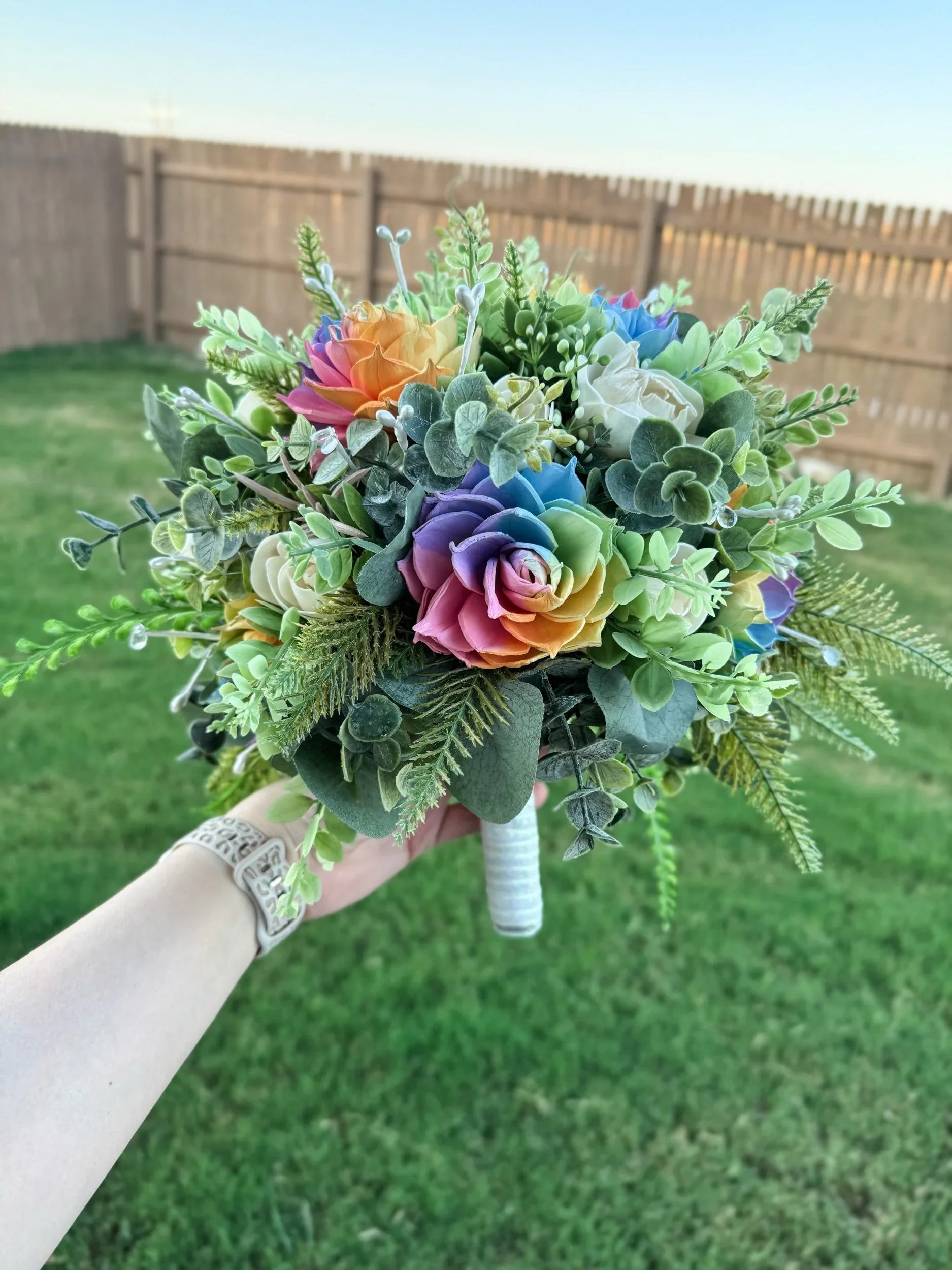 Rainbow “Lover” Bouquet & Boutonniere Set | 12in wild - round ✨ - Sola Wood Flowers | Handcrafted in Austin, TX by Sola Flower Sam
