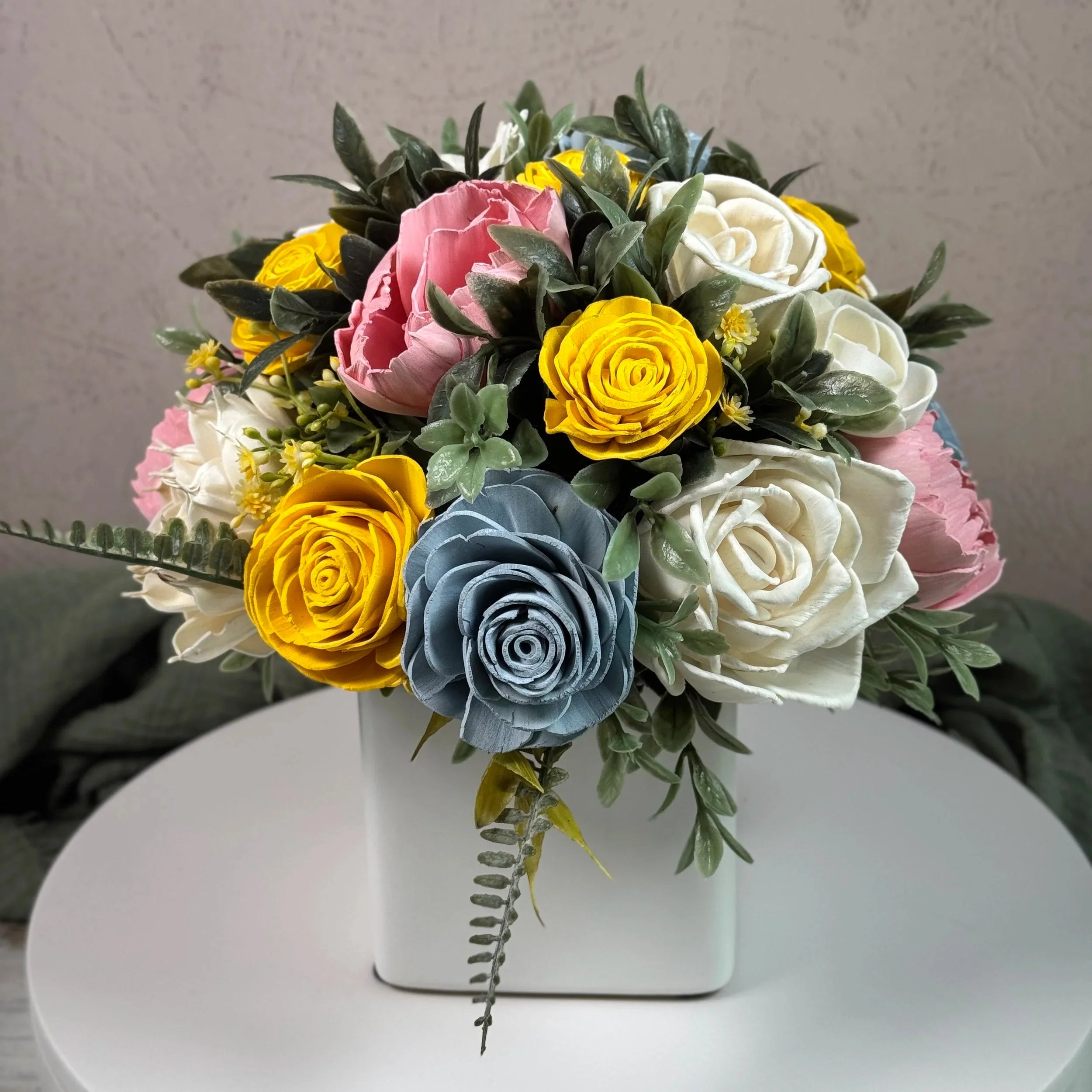White Planter | Yellow,Blue,Pink - Sola Wood Flowers | Handcrafted in Austin, TX by Sola Flower Sam
