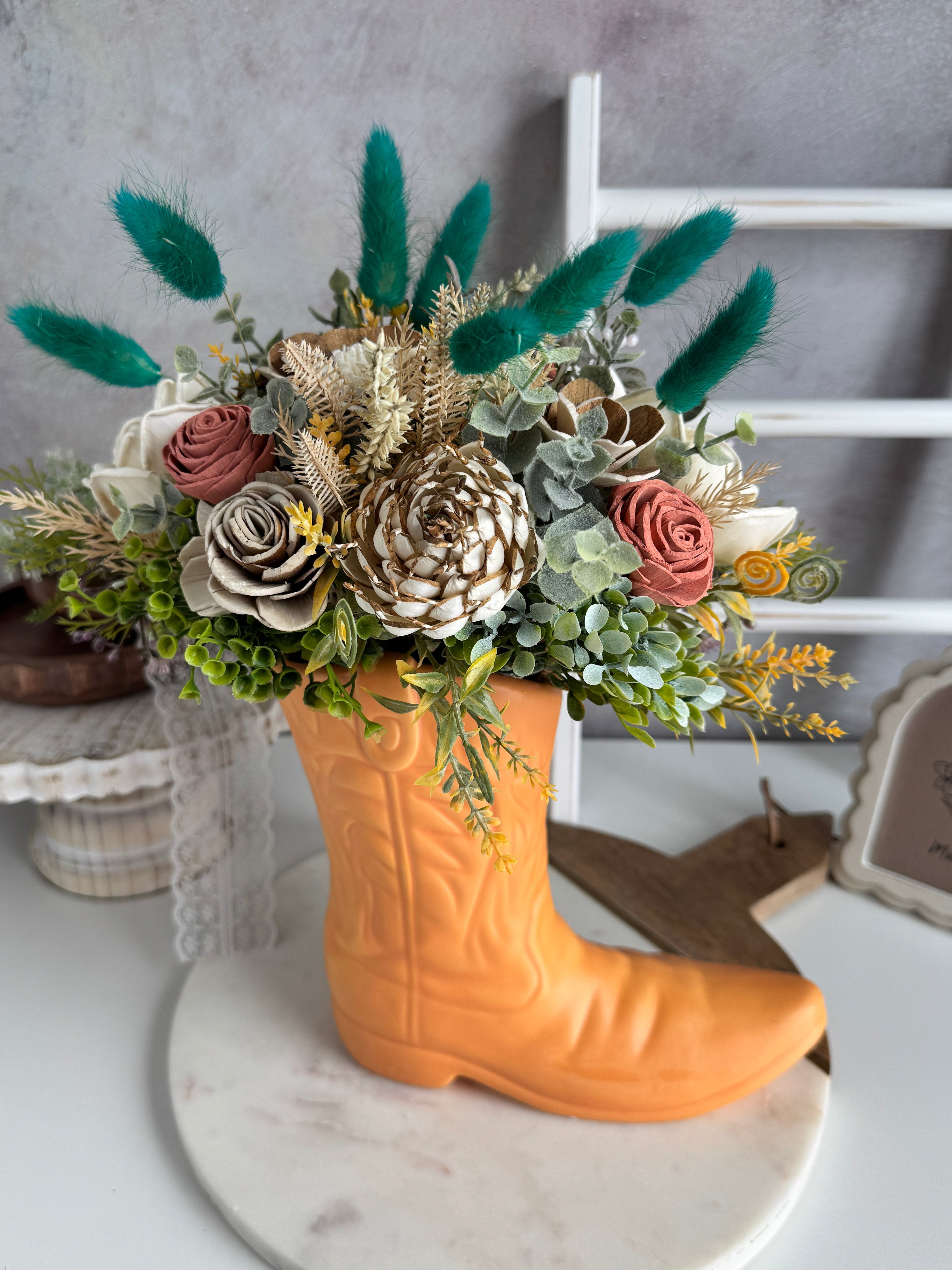 Boot Centerpiece | Teal Color Pop - Sola Wood Flowers | Handcrafted in Austin, TX by Sola Flower Sam