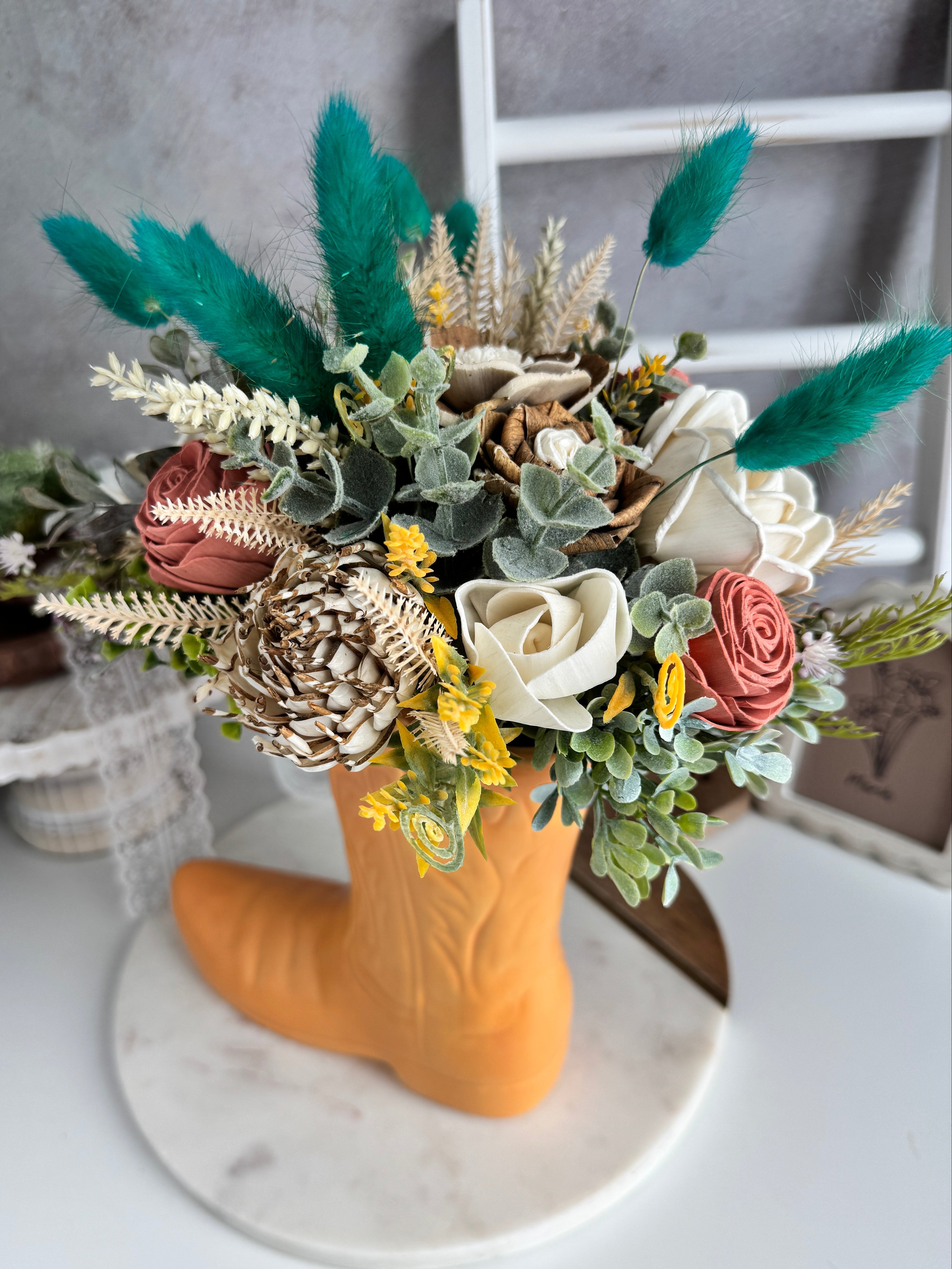Boot Centerpiece | Teal Color Pop - Sola Wood Flowers | Handcrafted in Austin, TX by Sola Flower Sam