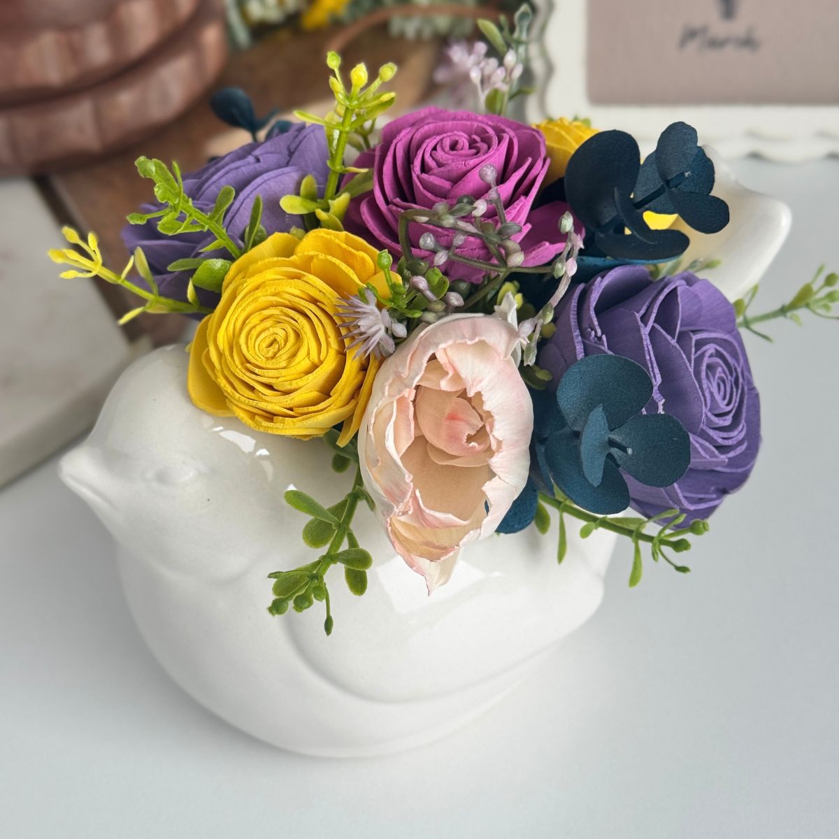 Eloise Burgundy & Purple Sola Wood Flowers in Pink Bird Vase - Sola Wood Flowers | Handcrafted in Austin, TX by Sola Flower Sam