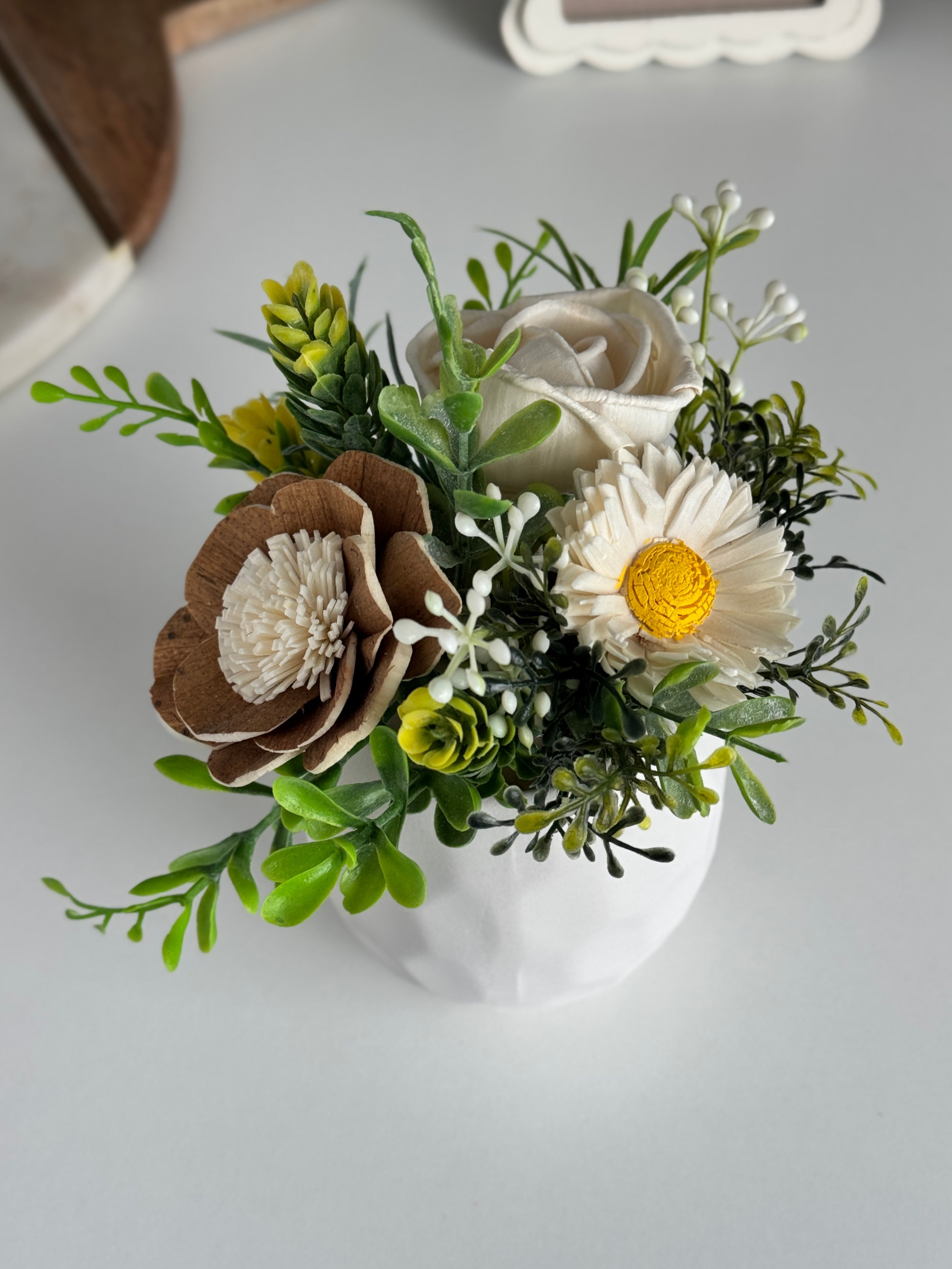 Farmhouse Mini Sola Flower Arrangement – Ivory Rose & Natural Greenery - Sola Wood Flowers | Handcrafted in Austin, TX by Sola Flower Sam