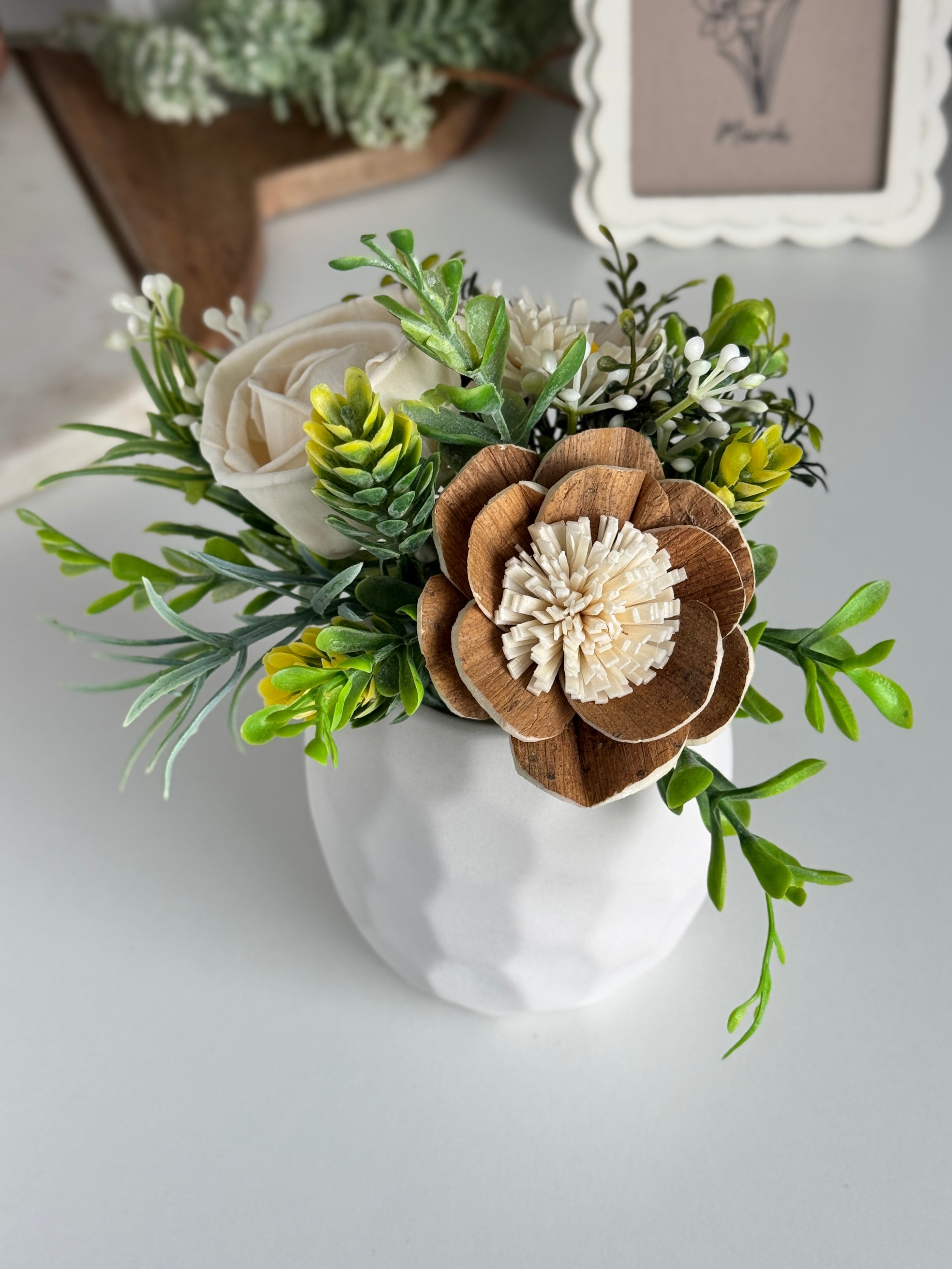 Farmhouse Mini Sola Flower Arrangement – Ivory Rose & Natural Greenery - Sola Wood Flowers | Handcrafted in Austin, TX by Sola Flower Sam