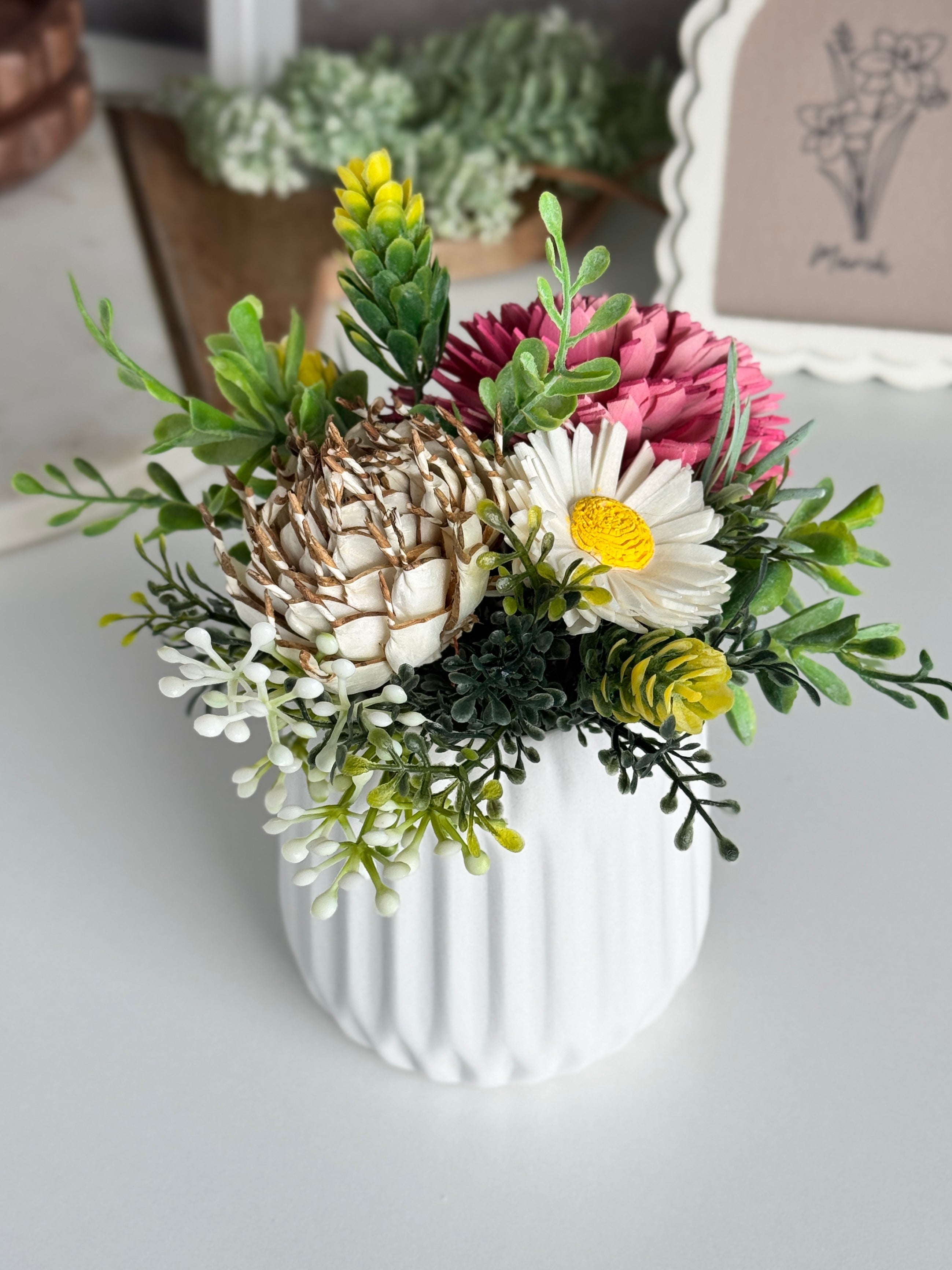 Farmhouse Mini Sola Flower Arrangement – Pink Daisy & Greenery - Sola Wood Flowers | Handcrafted in Austin, TX by Sola Flower Sam
