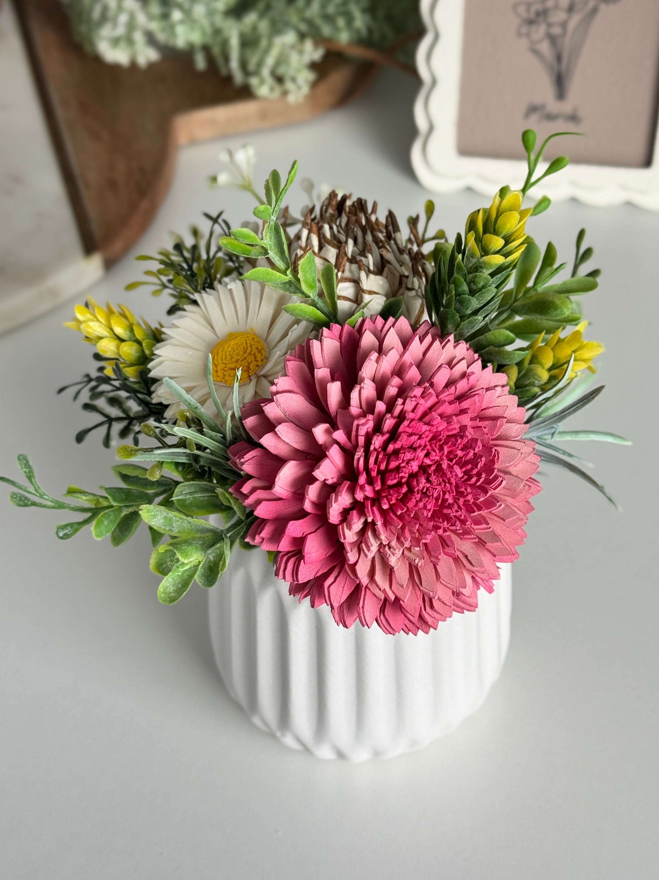 Farmhouse Mini Sola Flower Arrangement – Pink Daisy & Greenery - Sola Wood Flowers | Handcrafted in Austin, TX by Sola Flower Sam