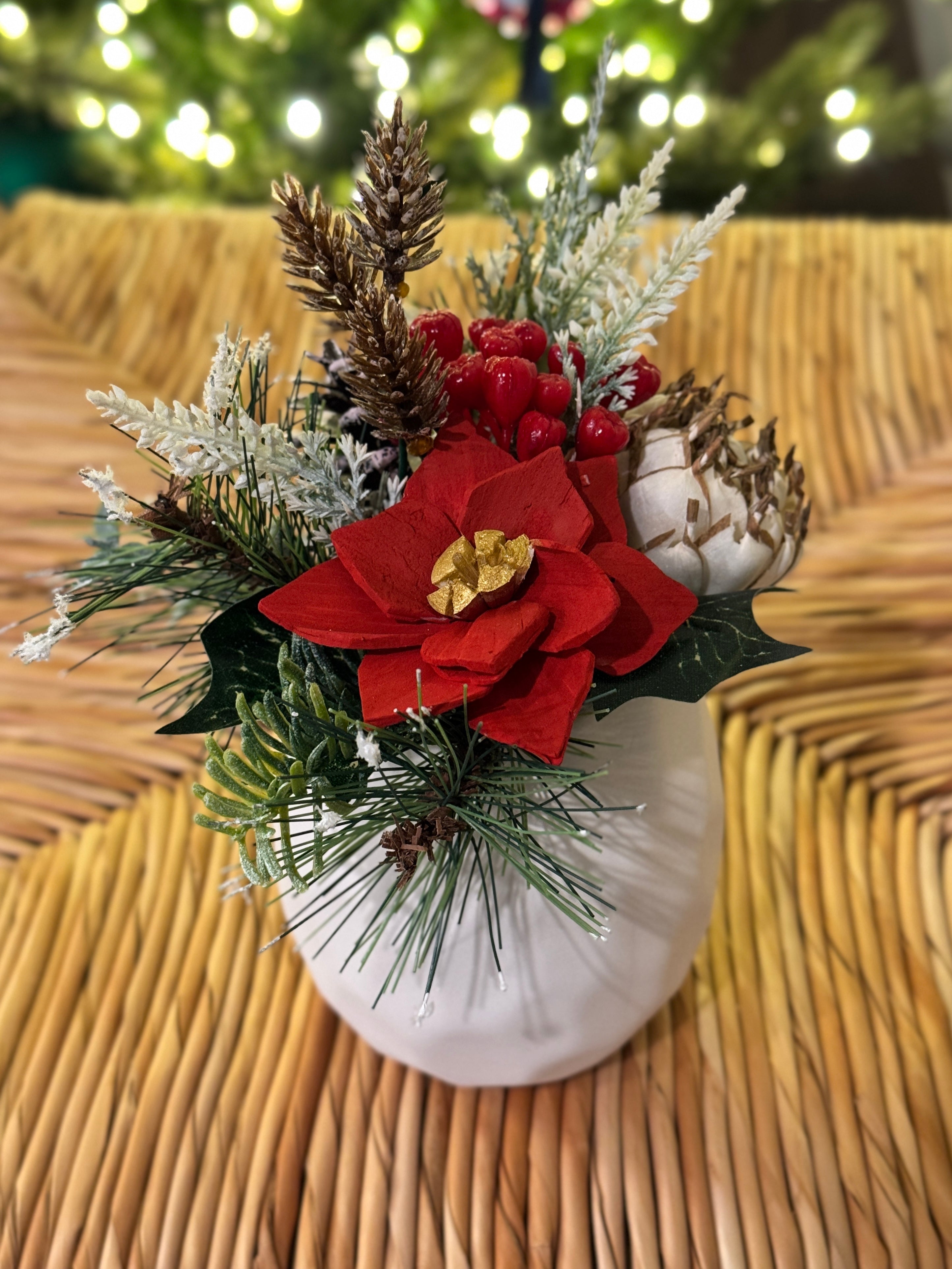 Holiday Mini Sola Flower Arrangement – Red Rose & Pine - Sola Wood Flowers | Handcrafted in Austin, TX by Sola Flower Sam