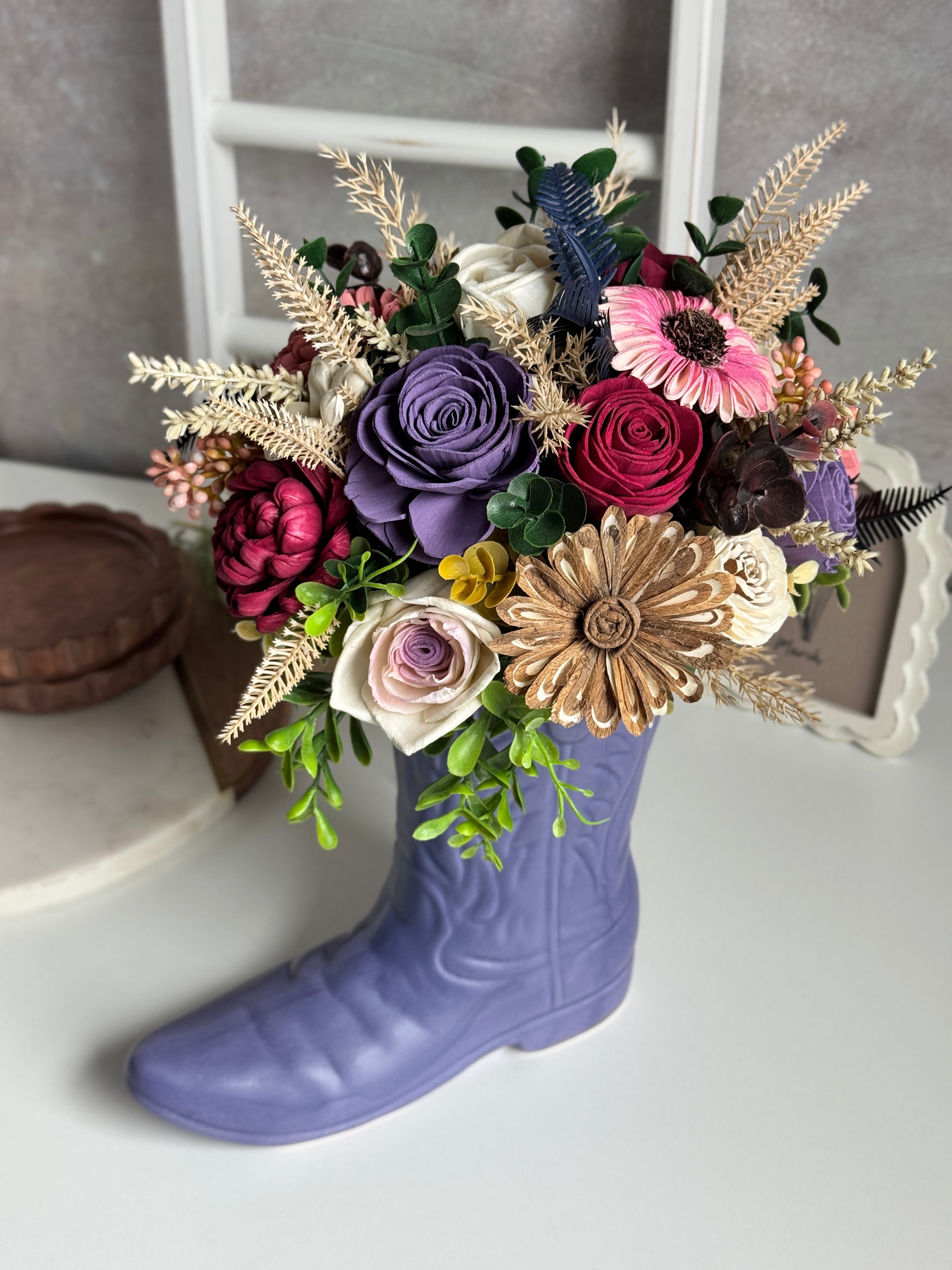 Purple Cowboy Boot Centerpiece – Southern Charm Meets Elegant Farmhouse Style - Sola Wood Flowers | Handcrafted in Austin, TX by Sola Flower Sam