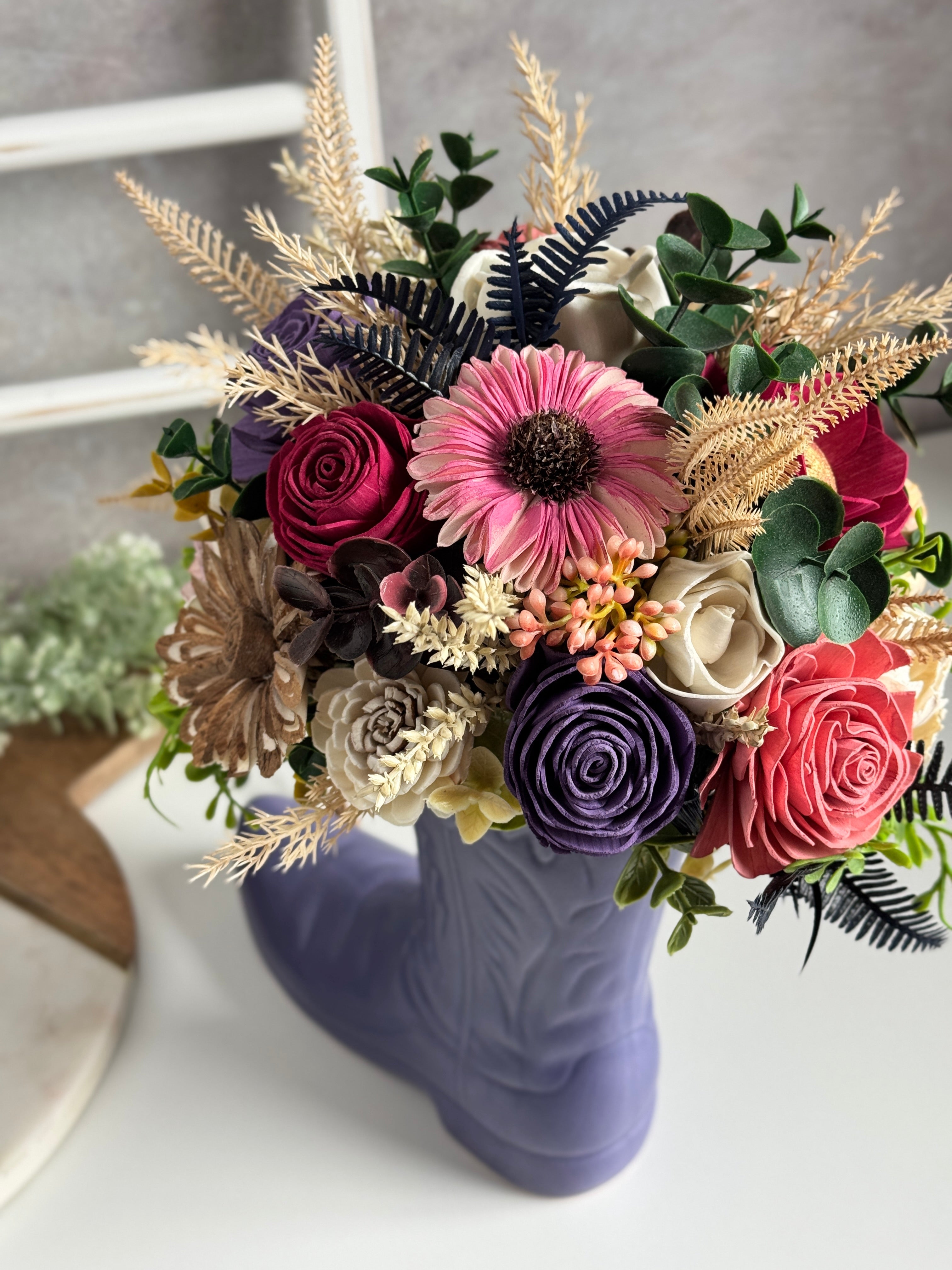 Purple Cowboy Boot Centerpiece – Southern Charm Meets Elegant Farmhouse Style - Sola Wood Flowers | Handcrafted in Austin, TX by Sola Flower Sam