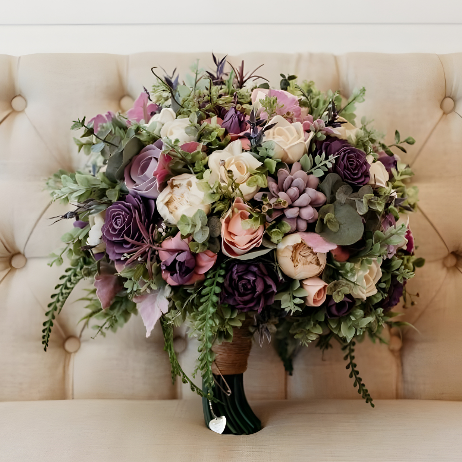 Bouquet of flowers on a beige tufted sofa