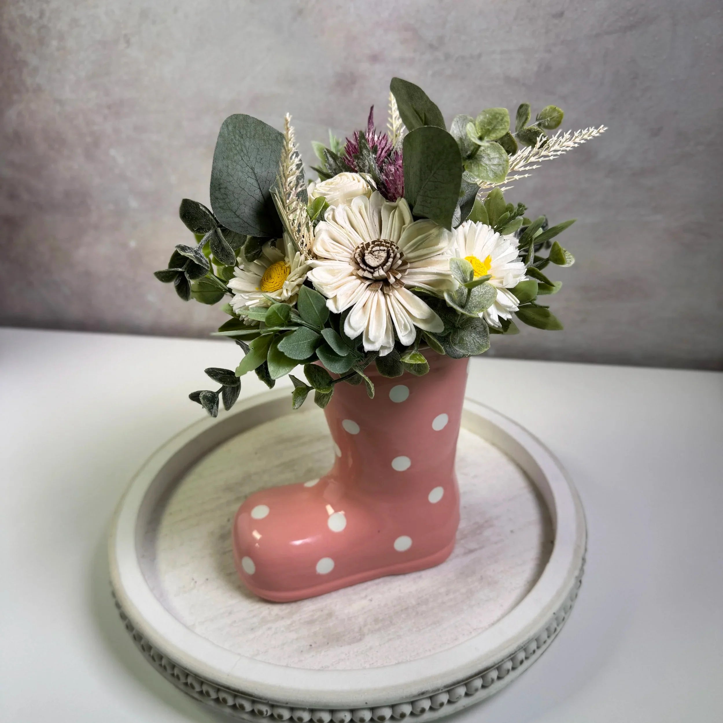 Rain Boot Vase | Pink Polka Dot - Sola Wood Flowers | Handcrafted in Austin, TX by Sola Flower Sam