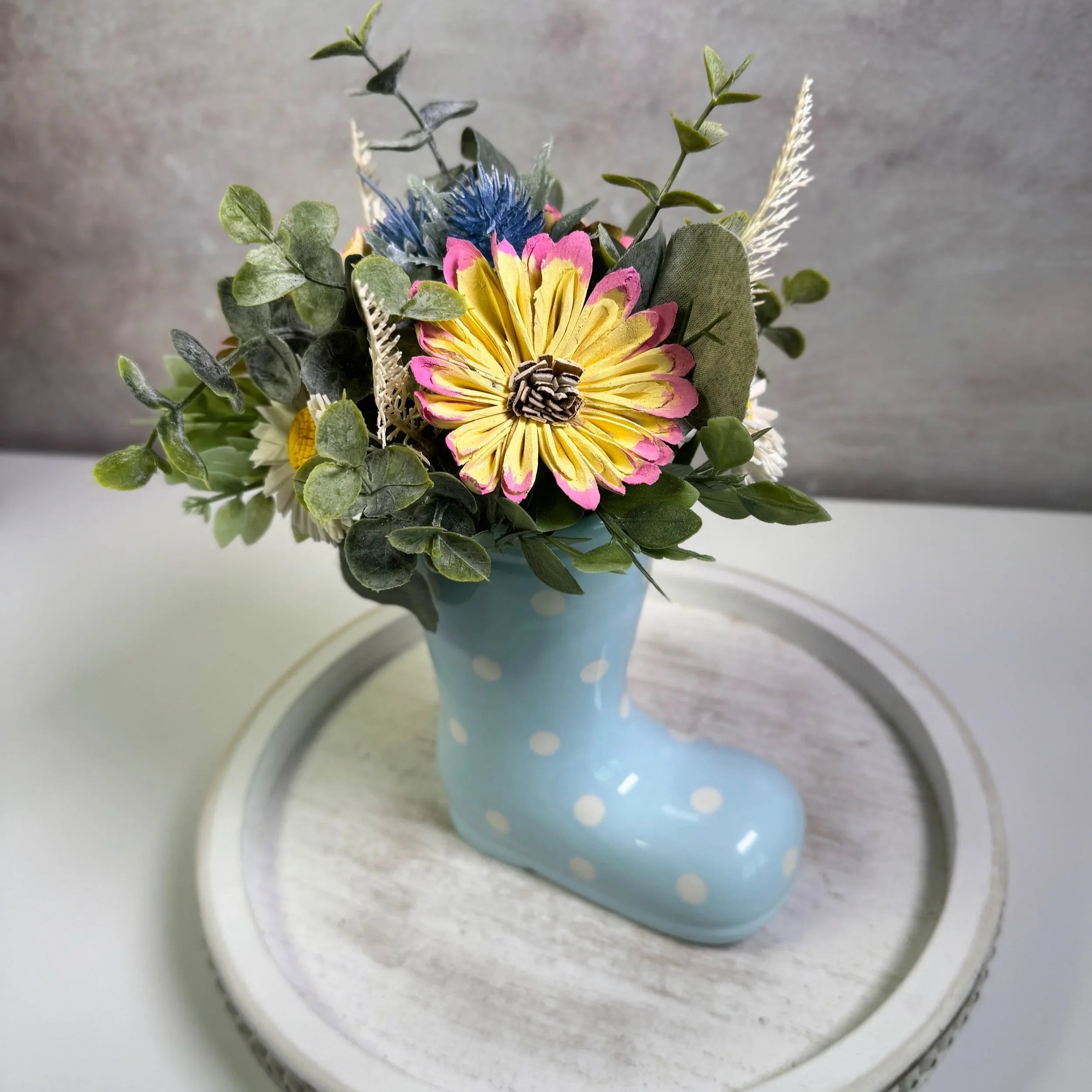 Rain Boot Vase | Blue Polka Dot - Sola Wood Flowers | Handcrafted in Austin, TX by Sola Flower Sam