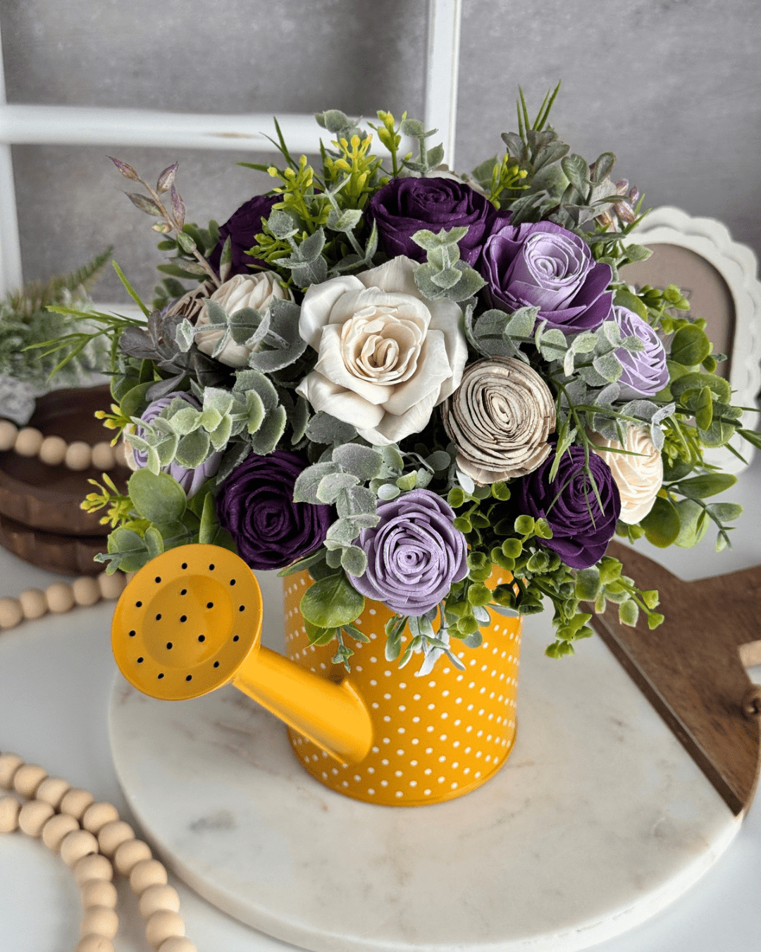 Spring Watering Can | Butter Yellow & Purple Blossom - Sola Wood Flowers | Handcrafted in Austin, TX by Sola Flower Sam