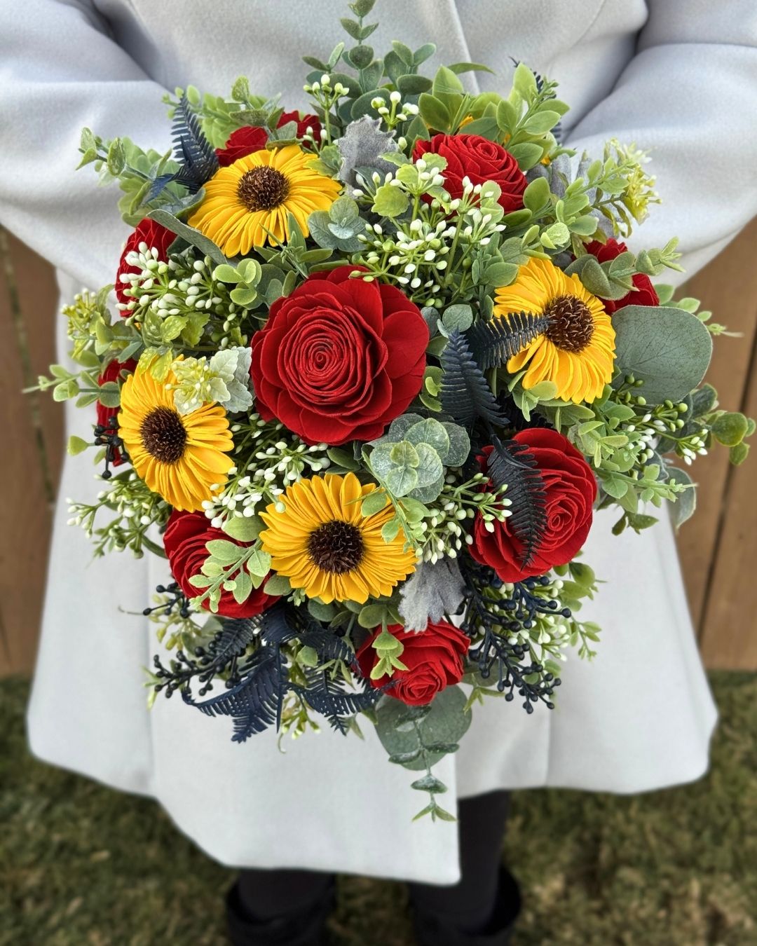 Sunflower & Rose Bouquet & Boutonniere Set | Petite Teardrop Cascade✨ - Sola Wood Flowers | Handcrafted in Austin, TX by Sola Flower Sam