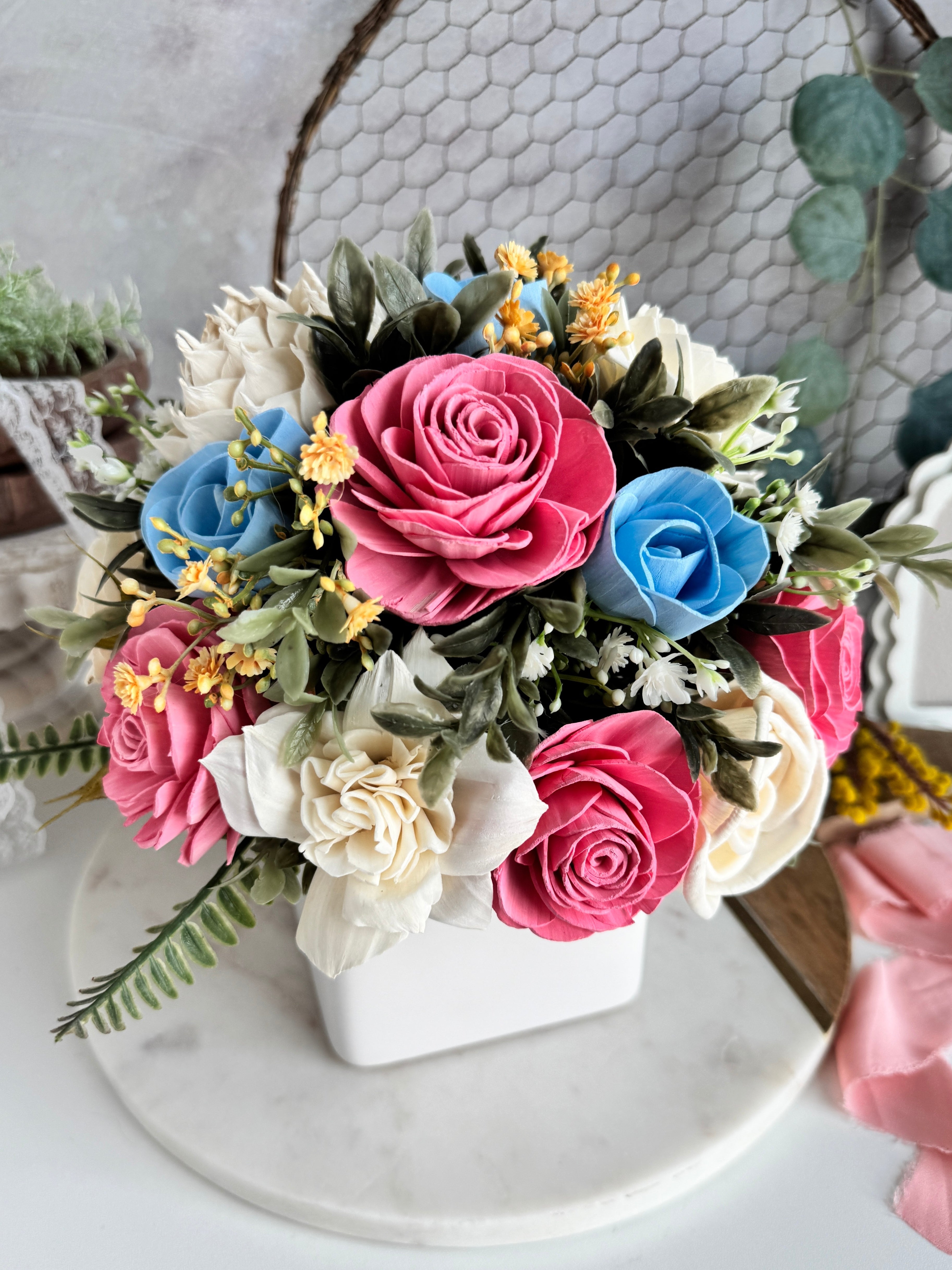 White Planter | Blue & Pink Blooms - Sola Wood Flowers | Handcrafted in Austin, TX by Sola Flower Sam