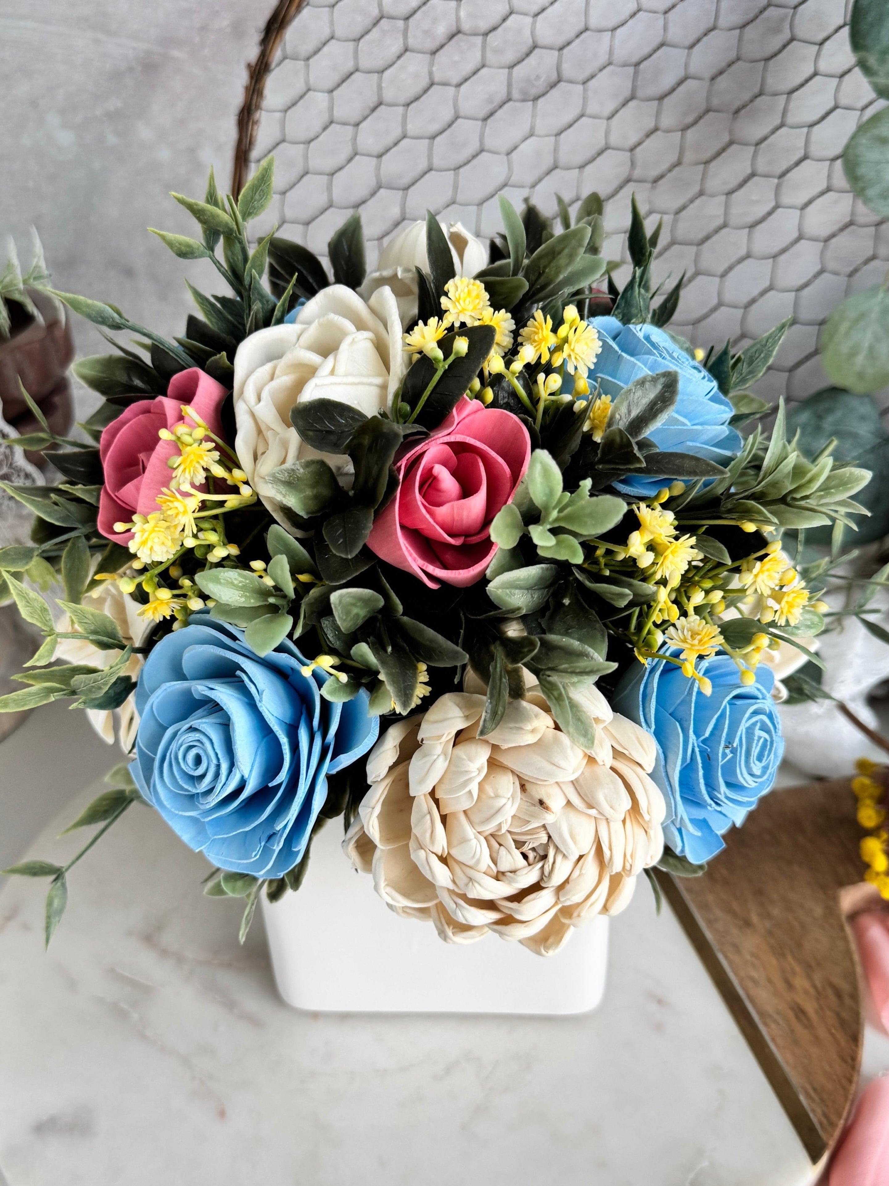 White Planter | Blues & Vanilla Pink Accents - Sola Wood Flowers | Handcrafted in Austin, TX by Sola Flower Sam