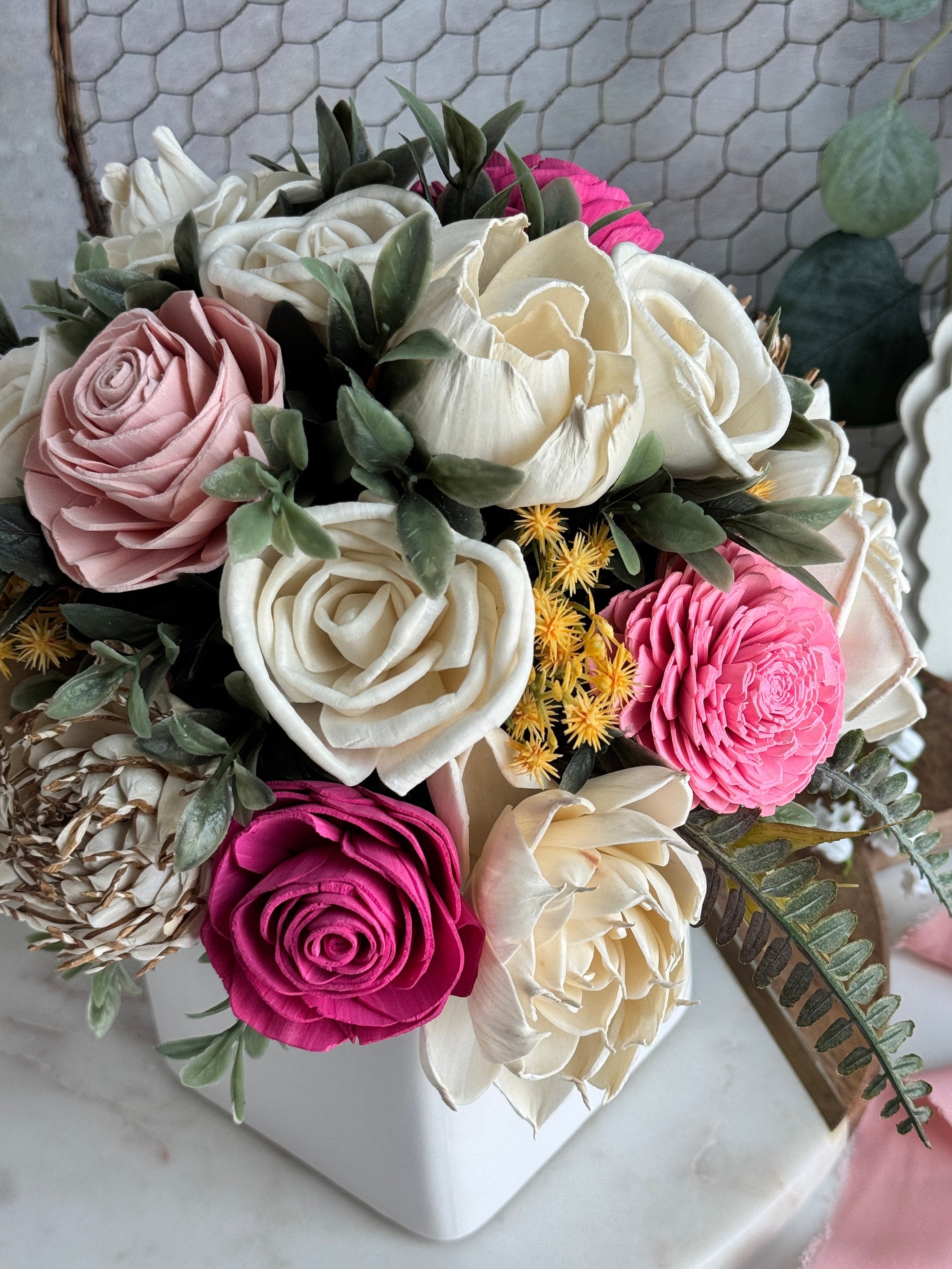 White Planter | Perfect Pink Blooms - Sola Wood Flowers | Handcrafted in Austin, TX by Sola Flower Sam