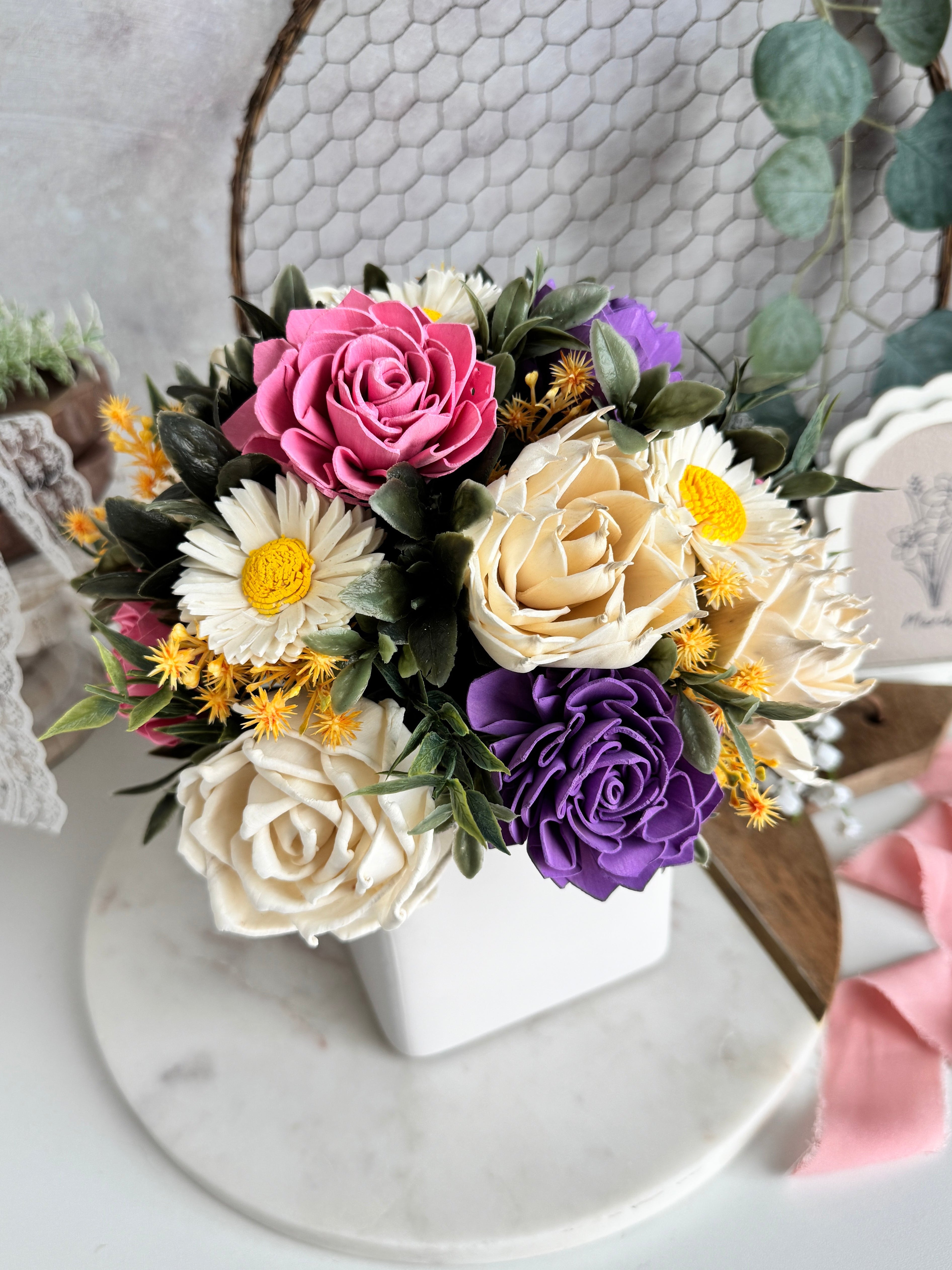 White Planter | Pink & Purple Daisy - Sola Wood Flowers | Handcrafted in Austin, TX by Sola Flower Sam