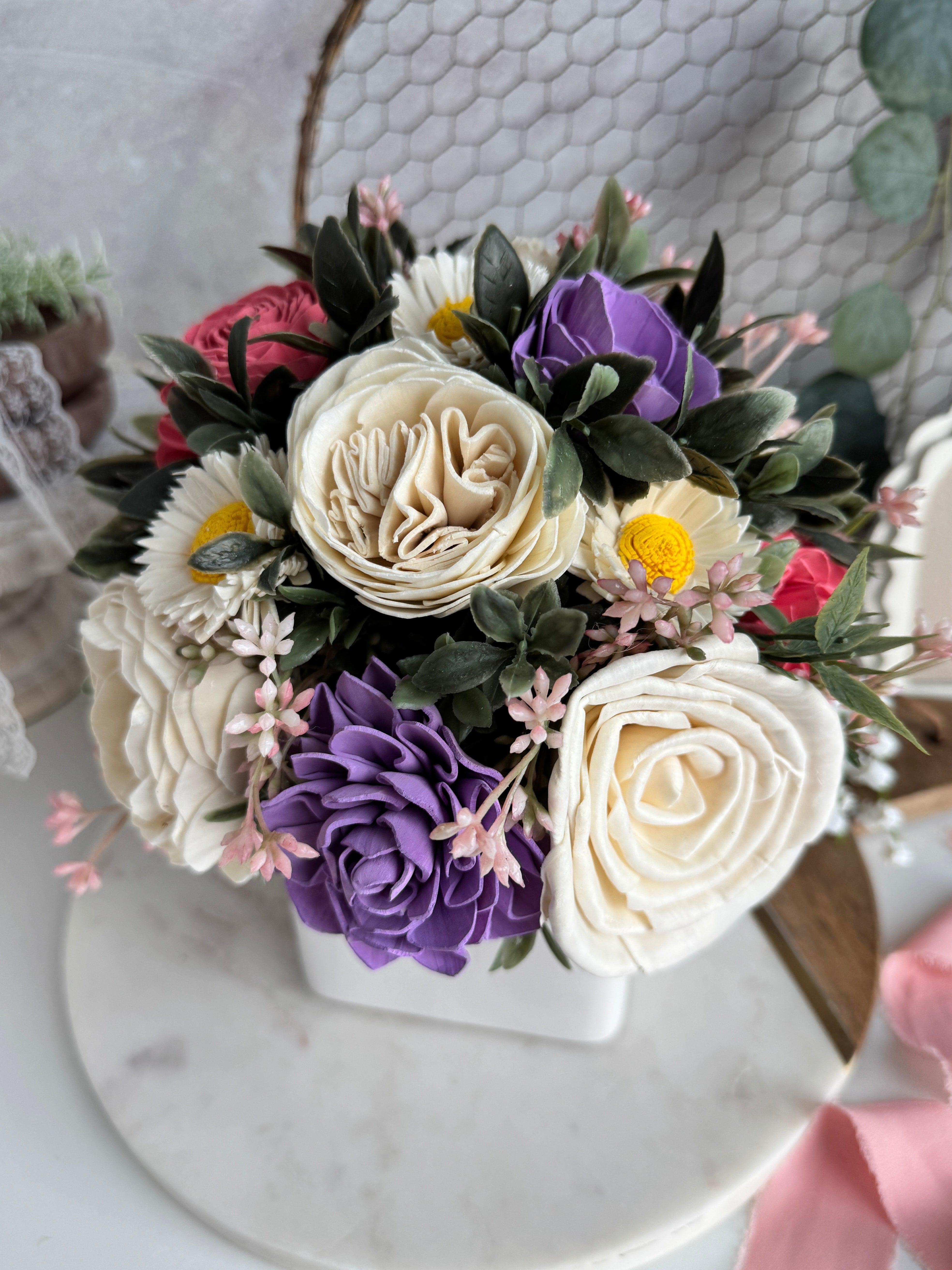 White Planter | Purple & Blush Pink - Sola Wood Flowers | Handcrafted in Austin, TX by Sola Flower Sam