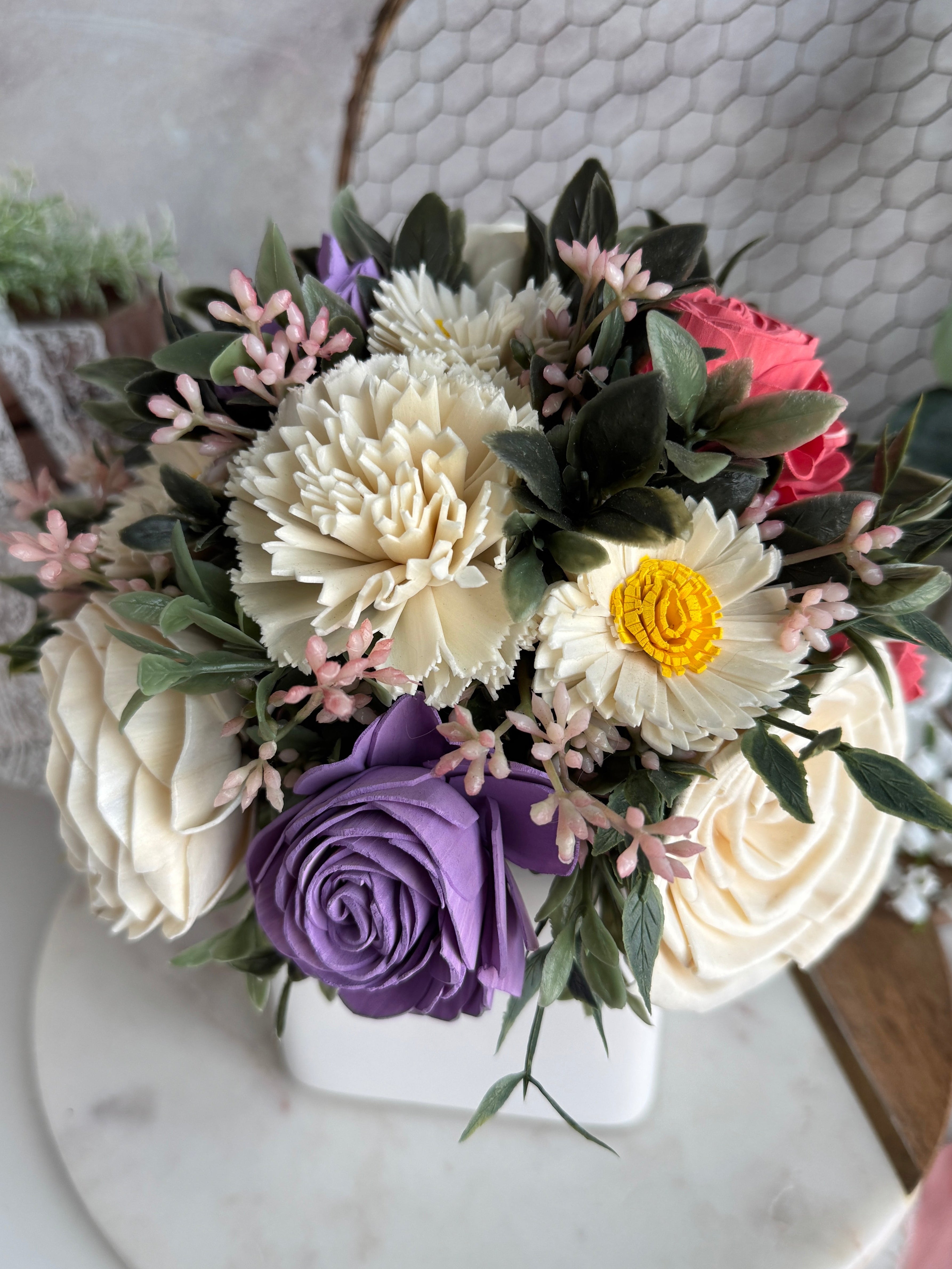 White Planter | Purple & Blush Pink - Sola Wood Flowers | Handcrafted in Austin, TX by Sola Flower Sam