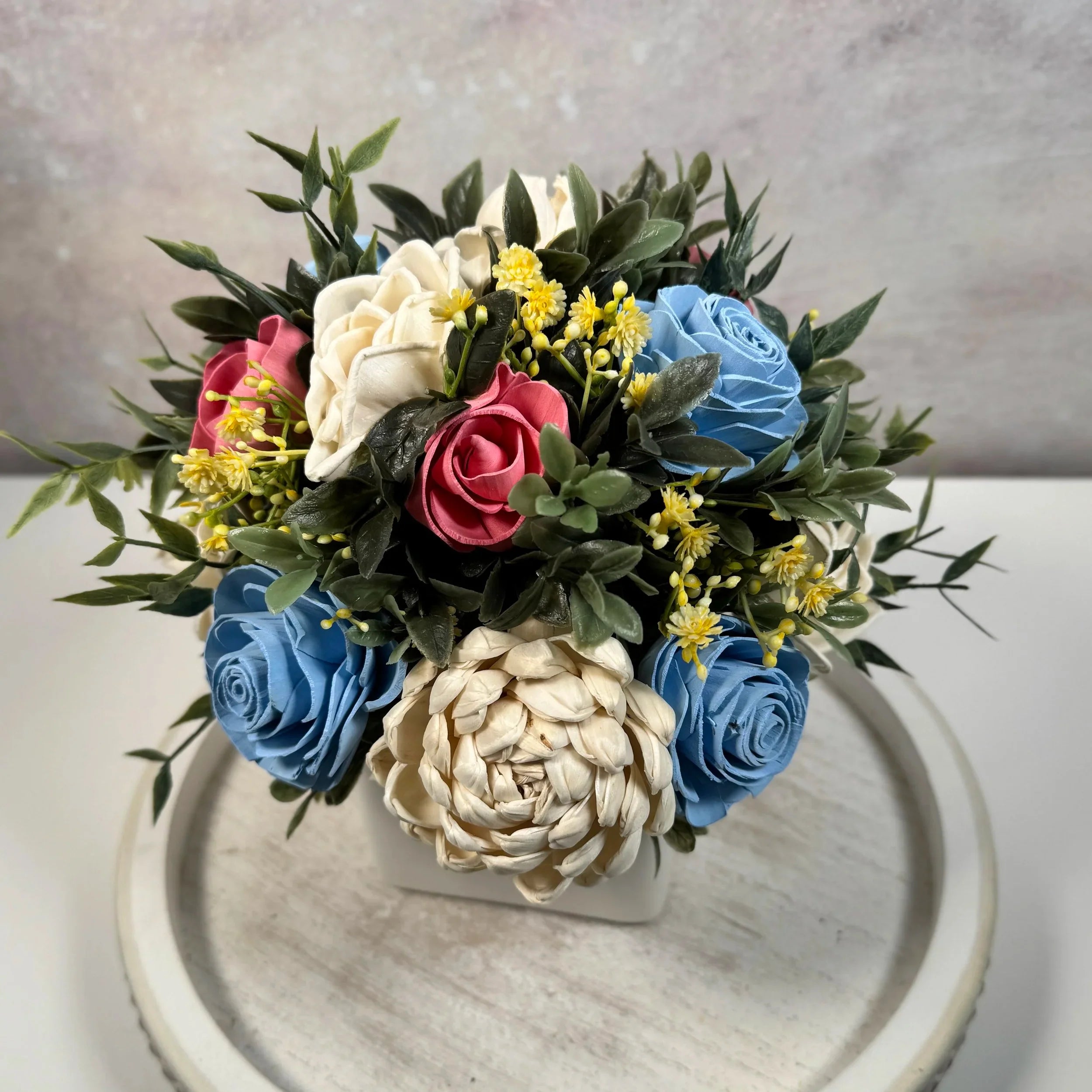 White Planter | Blues & Vanilla Pink Accents - Sola Wood Flowers | Handcrafted in Austin, TX by Sola Flower Sam