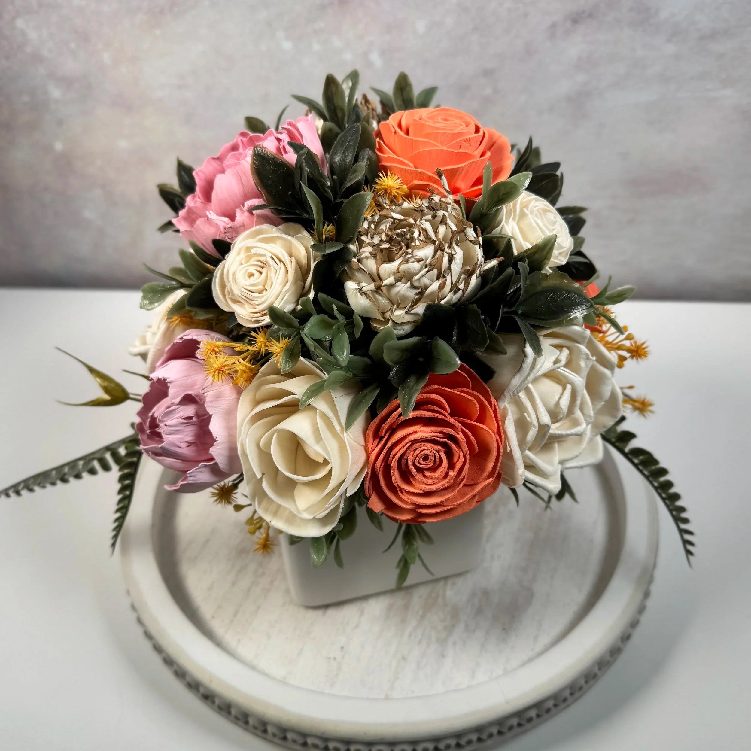 White Planter | Orange Maroon & Pinks - Sola Wood Flowers | Handcrafted in Austin, TX by Sola Flower Sam