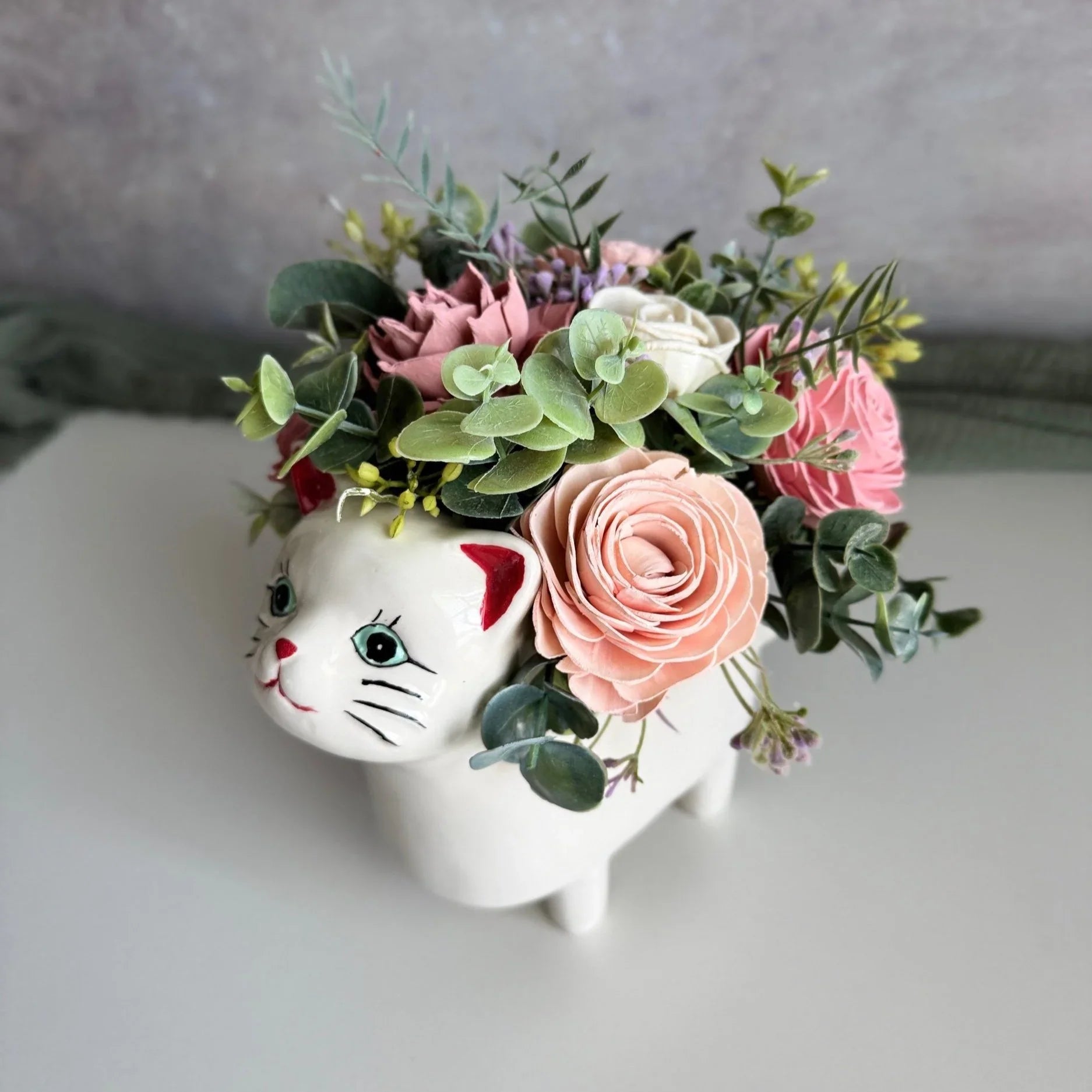 Paws & Petals | Cat Planter with Soft Pink Wood Flowers - Sola Wood Flowers | Handcrafted in Austin, TX by Sola Flower Sam