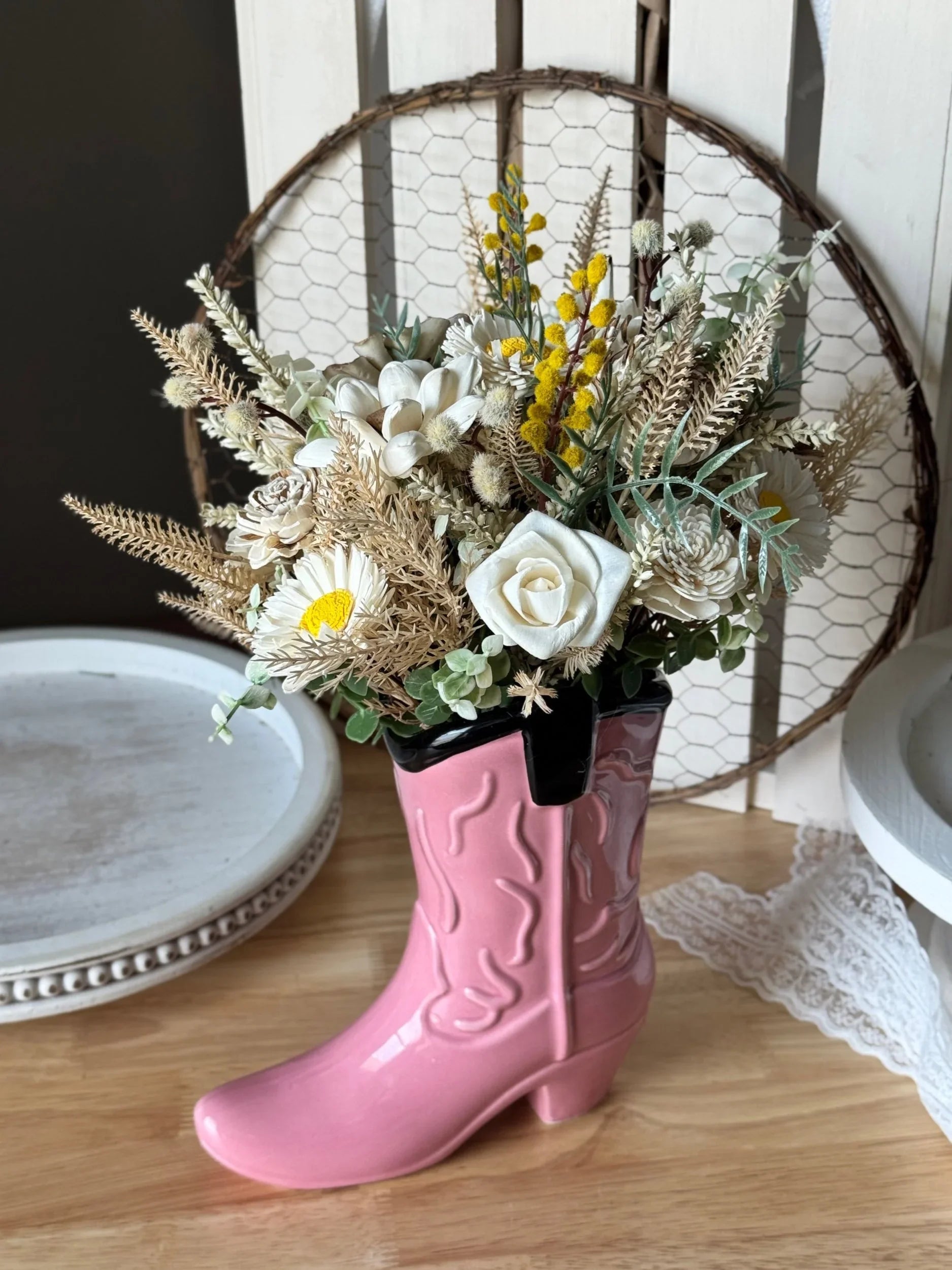 Pink Ceramic Boot | Faux Flower Gift for Any Occasion