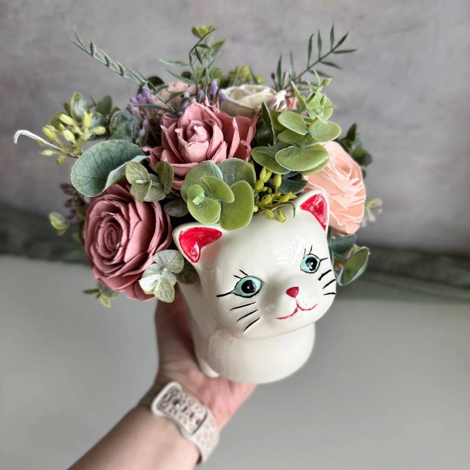 Paws & Petals | Cat Planter with Soft Pink Wood Flowers - Sola Wood Flowers | Handcrafted in Austin, TX by Sola Flower Sam