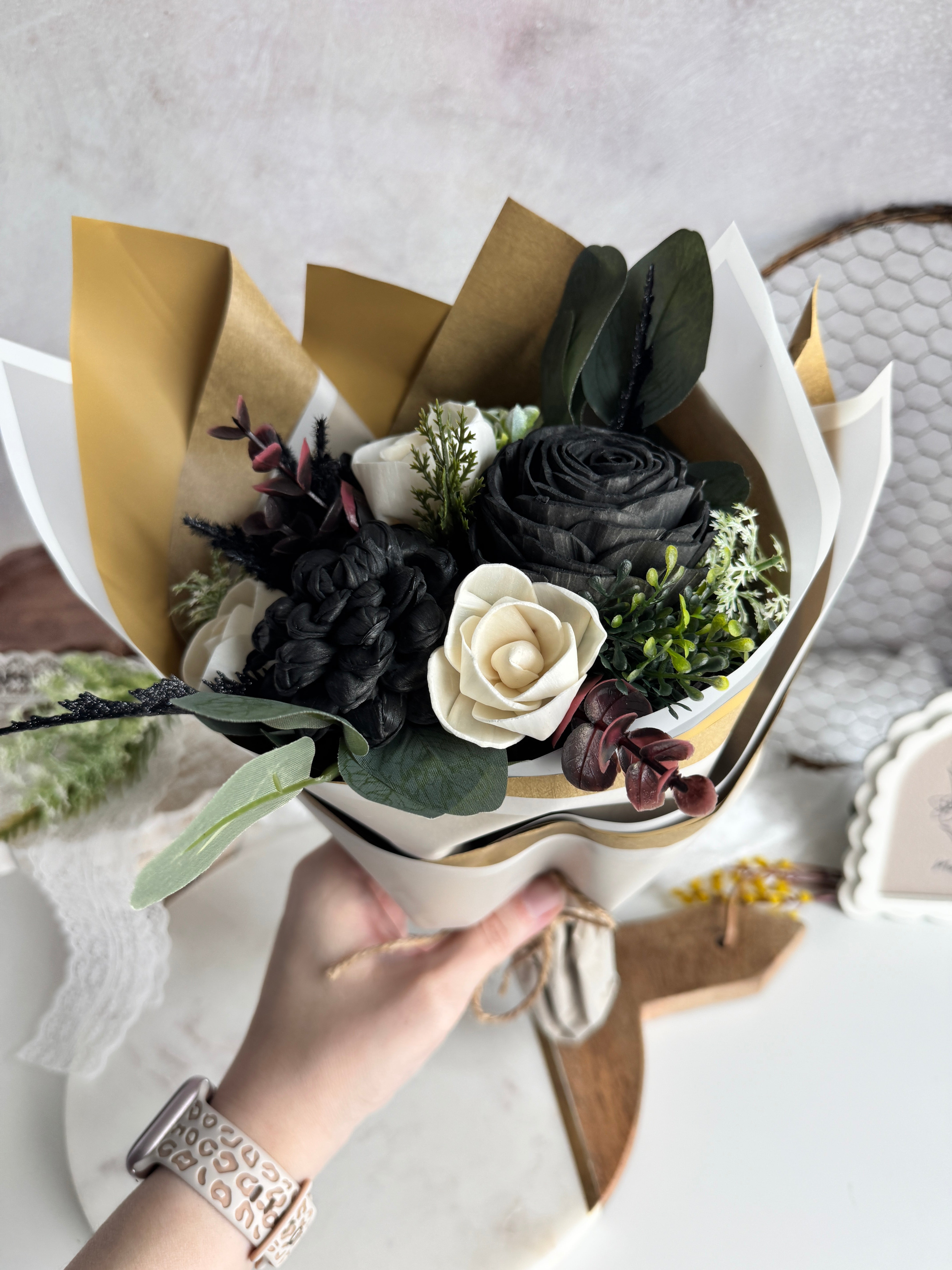 Black Flower Bouquet Hand-Tied Sola Wood Flowers | Custom Order For Rachel