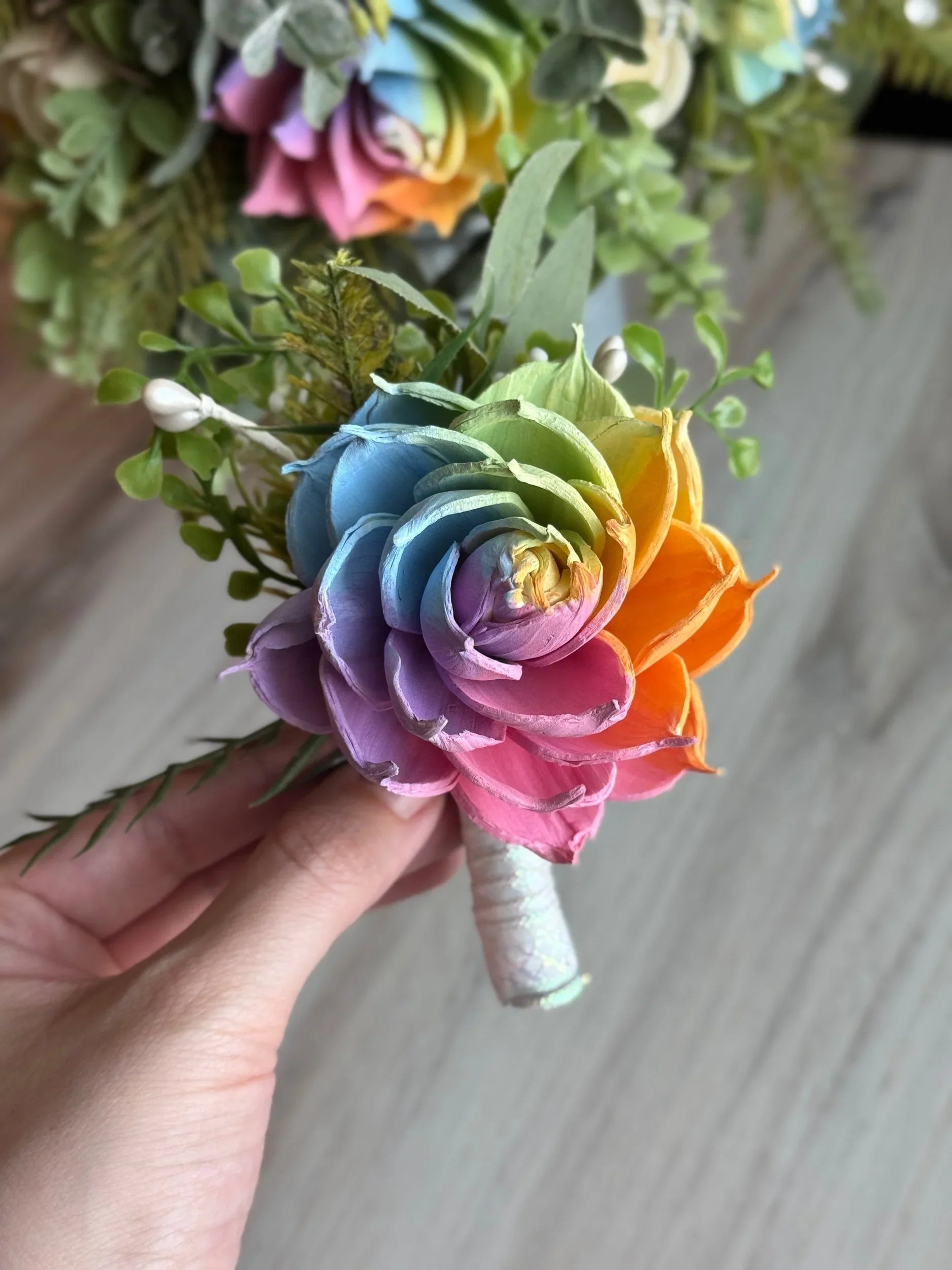 Rainbow “Lover” Bouquet & Boutonniere Set | 12in wild - round ✨ - Sola Wood Flowers | Handcrafted in Austin, TX by Sola Flower Sam