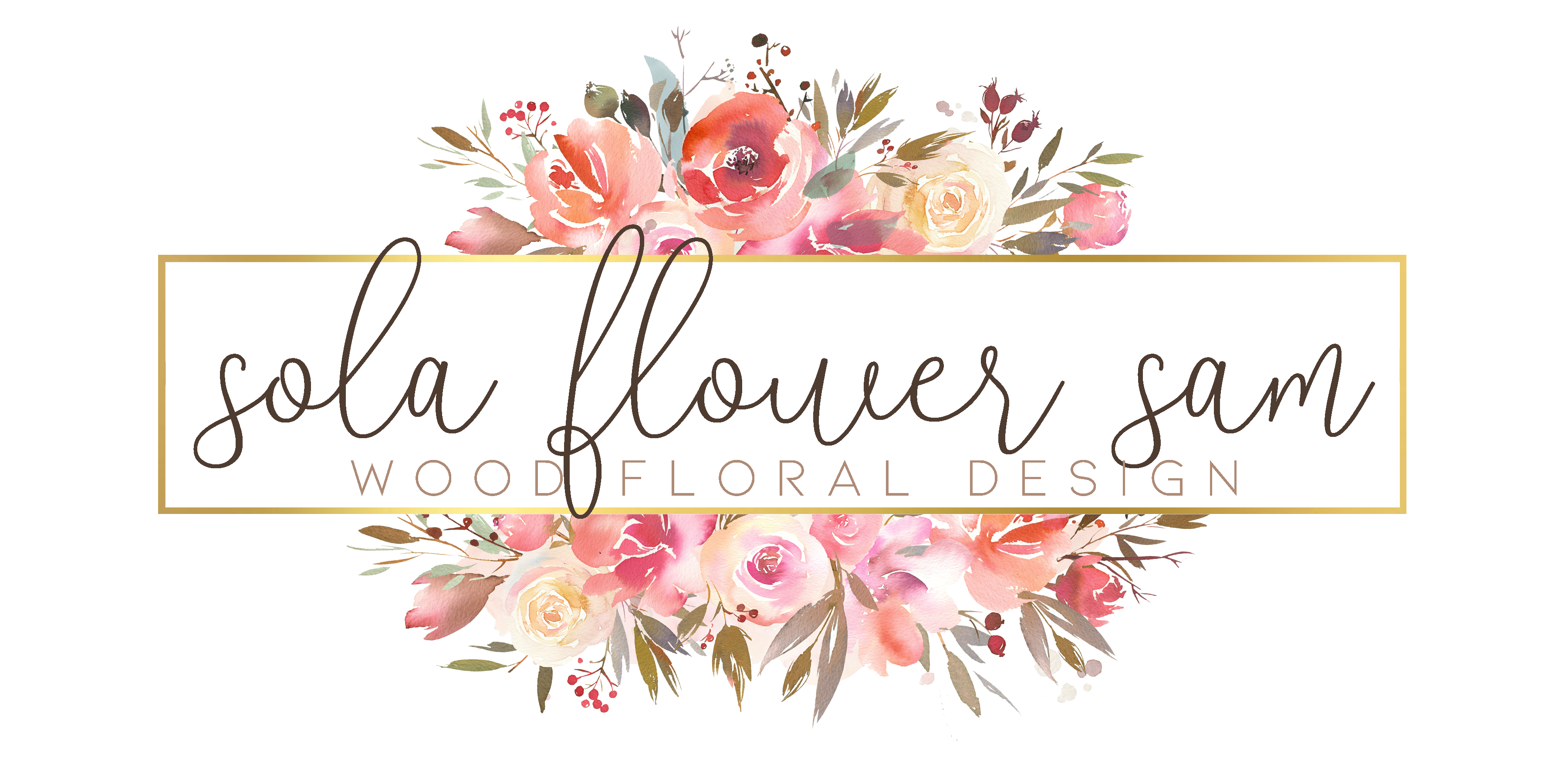 Floral design logo with 'sola flower sam' text and watercolor flowers on a white background
