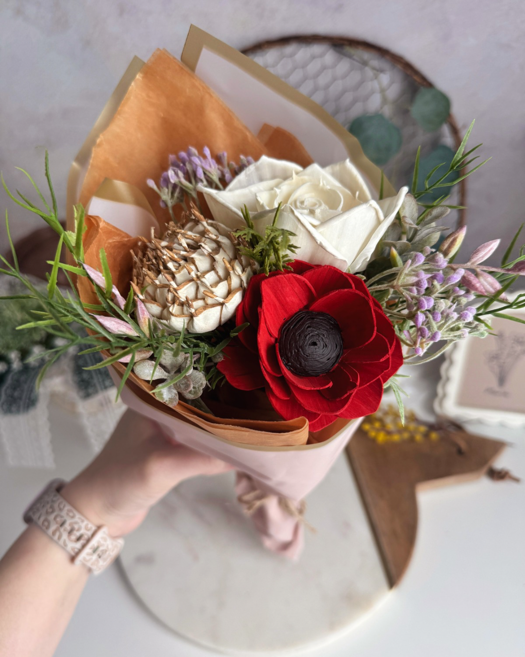 Red Poppy Themed Hand-Tied Sola Wood Bouquet