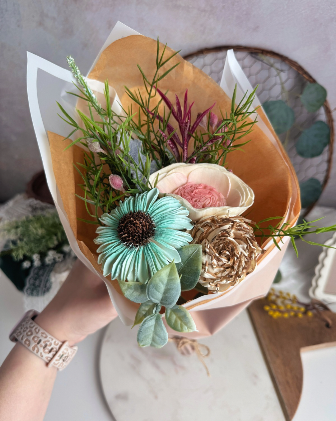 Sunflower Blue and Rose Bouquet | Hand-Tied Sola Wood Flowers