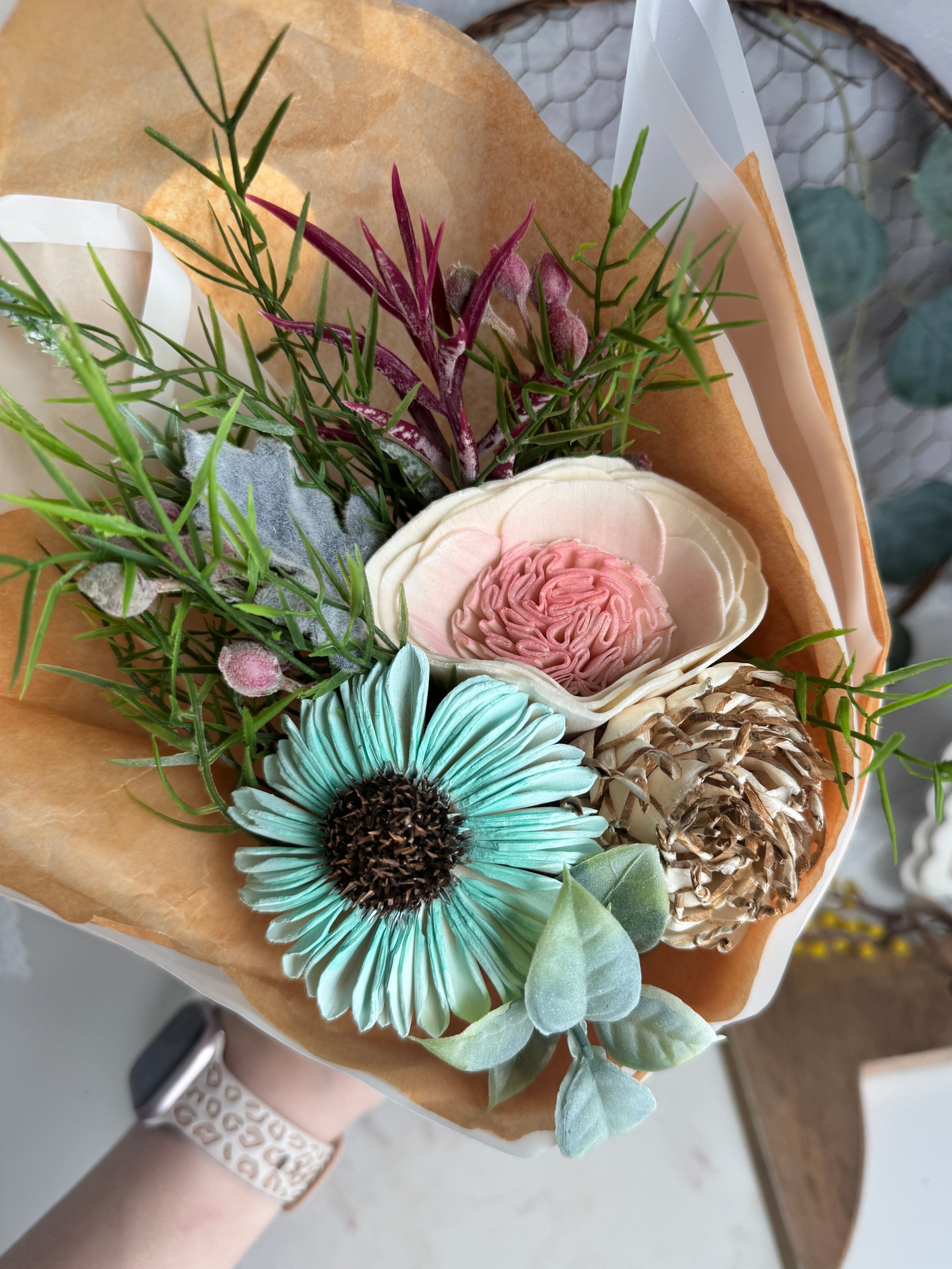 Sunflower Blue and Rose Bouquet | Hand-Tied Sola Wood Flowers