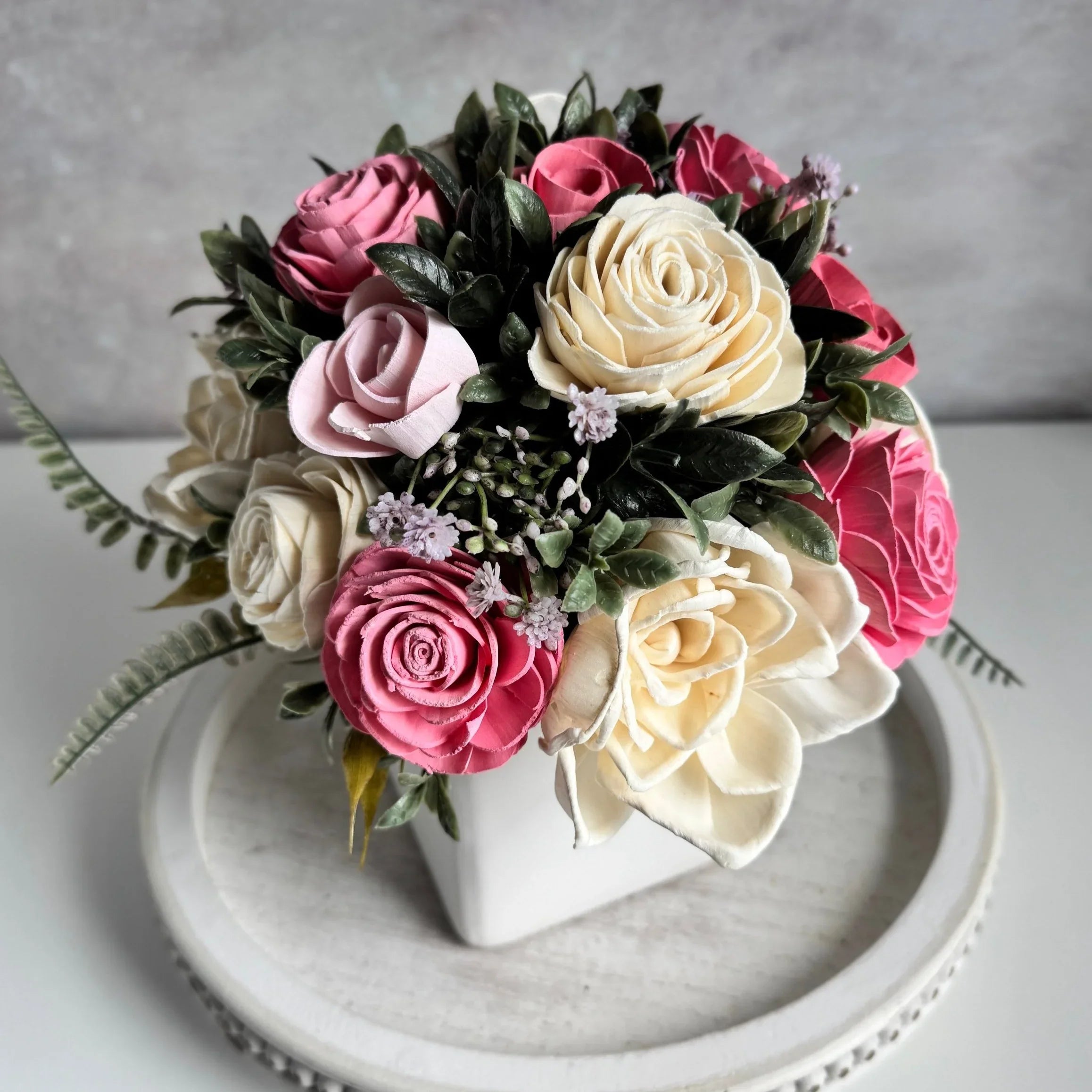 White Planter | Pink & Vanilla Roses - Sola Wood Flowers | Handcrafted in Austin, TX by Sola Flower Sam
