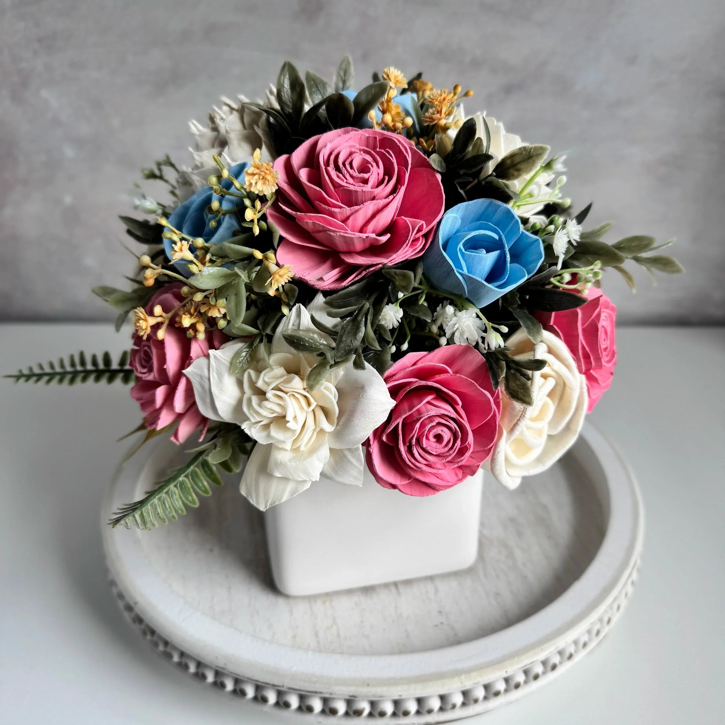 White Planter | Blue & Pink - Sola Wood Flowers | Handcrafted in Austin, TX by Sola Flower Sam