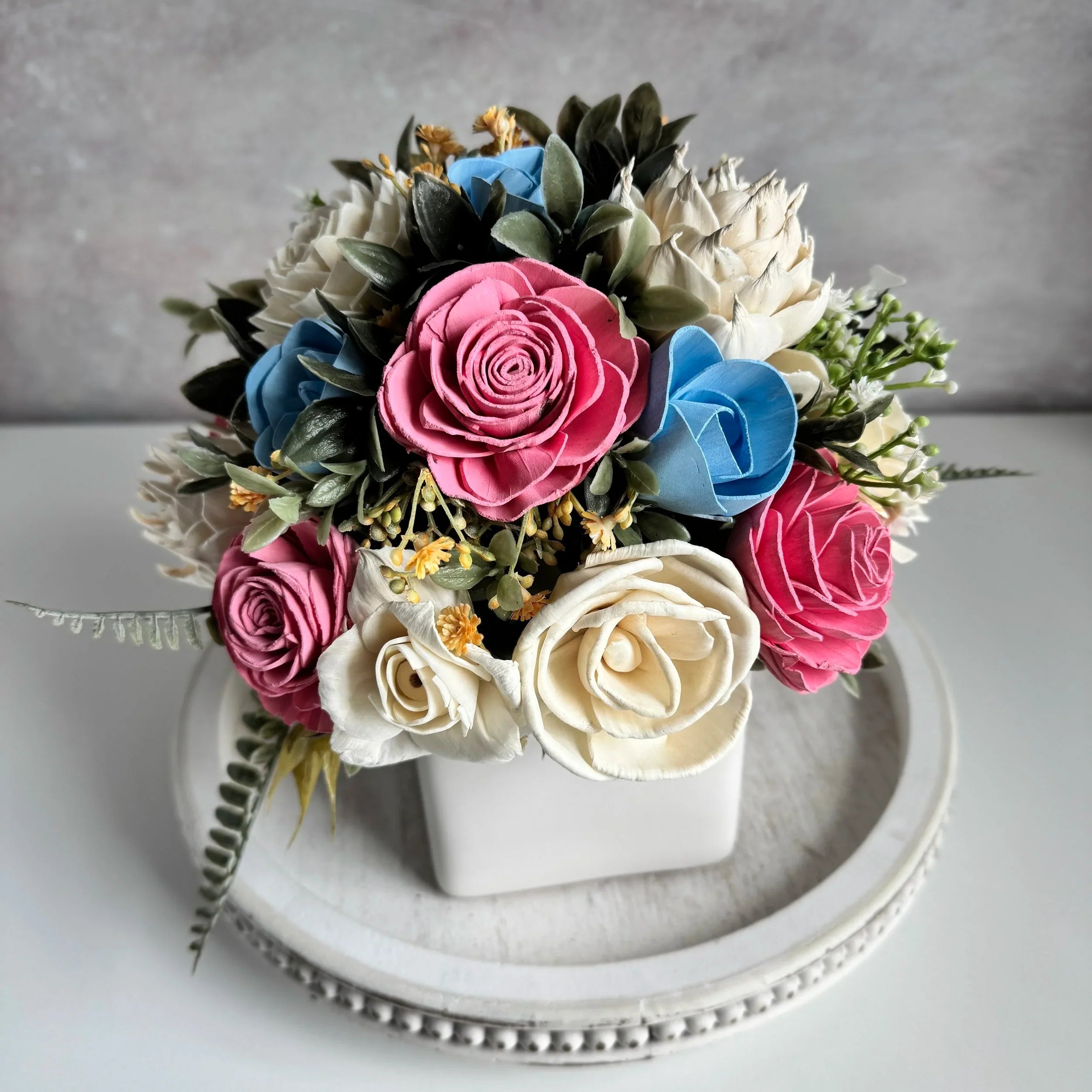 White Planter | Blue & Pink - Sola Wood Flowers | Handcrafted in Austin, TX by Sola Flower Sam