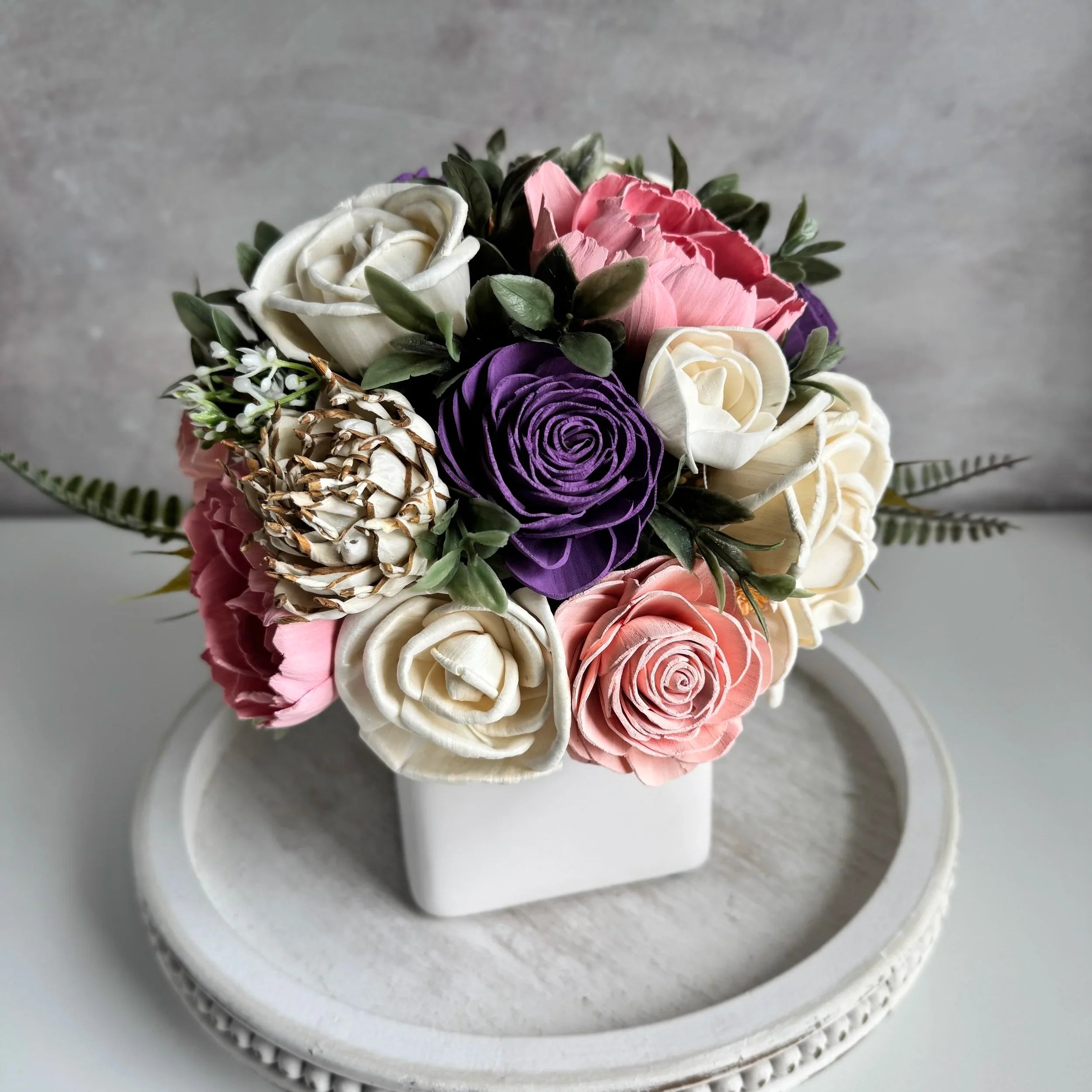 White Planter | Dark Purple & Pink - Sola Wood Flowers | Handcrafted in Austin, TX by Sola Flower Sam