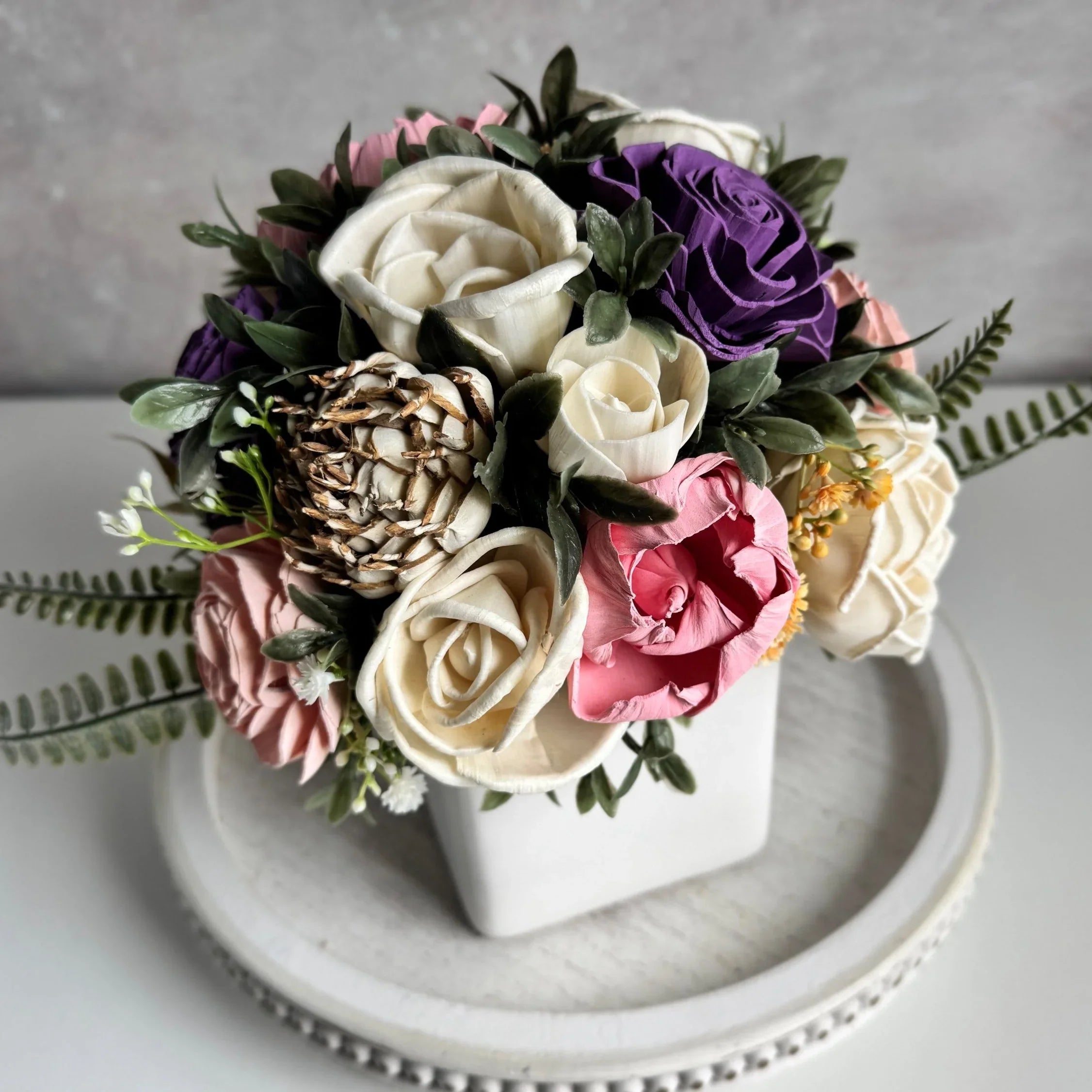 White Planter | Dark Purple & Pink - Sola Wood Flowers | Handcrafted in Austin, TX by Sola Flower Sam