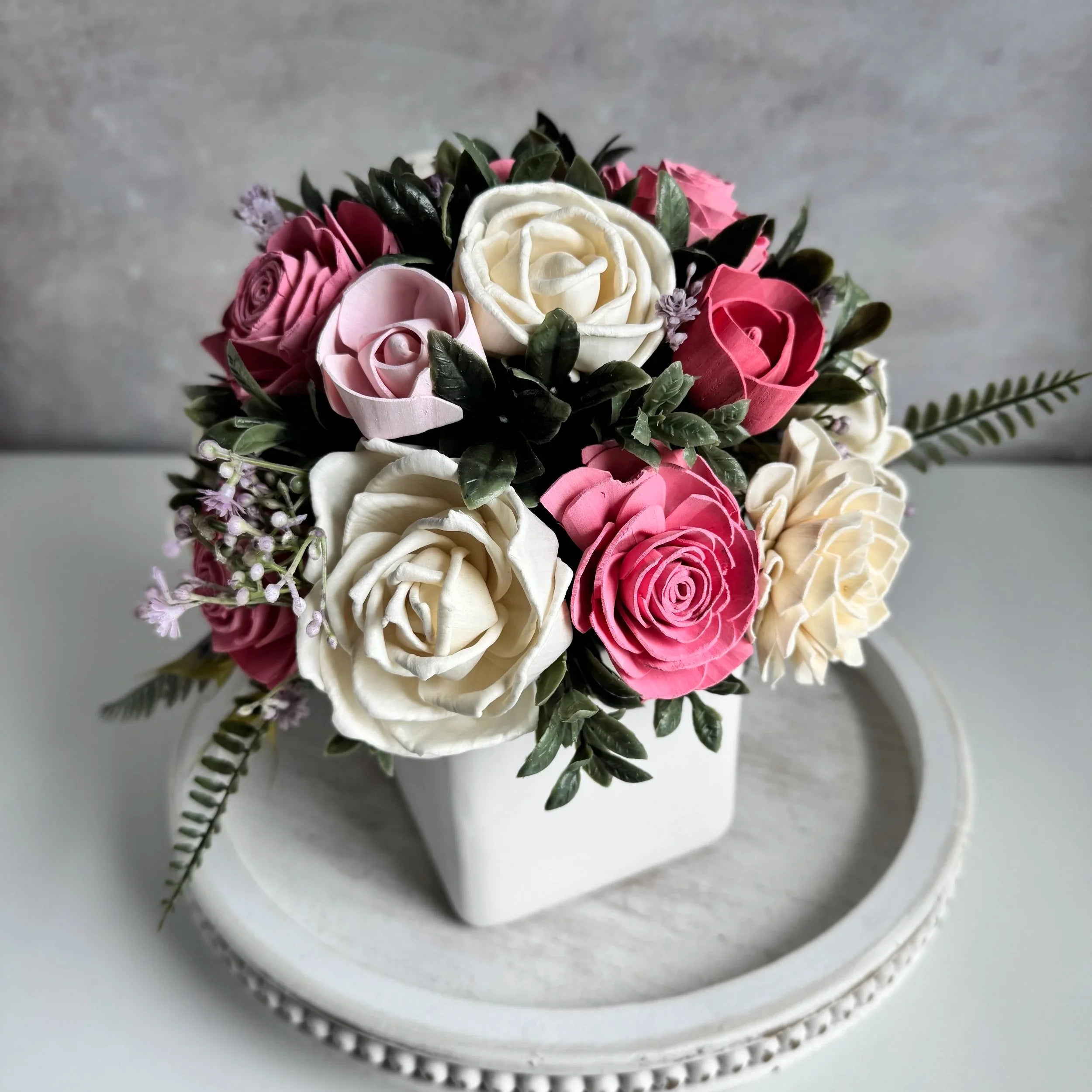 White Planter | Pink & Vanilla Roses - Sola Wood Flowers | Handcrafted in Austin, TX by Sola Flower Sam