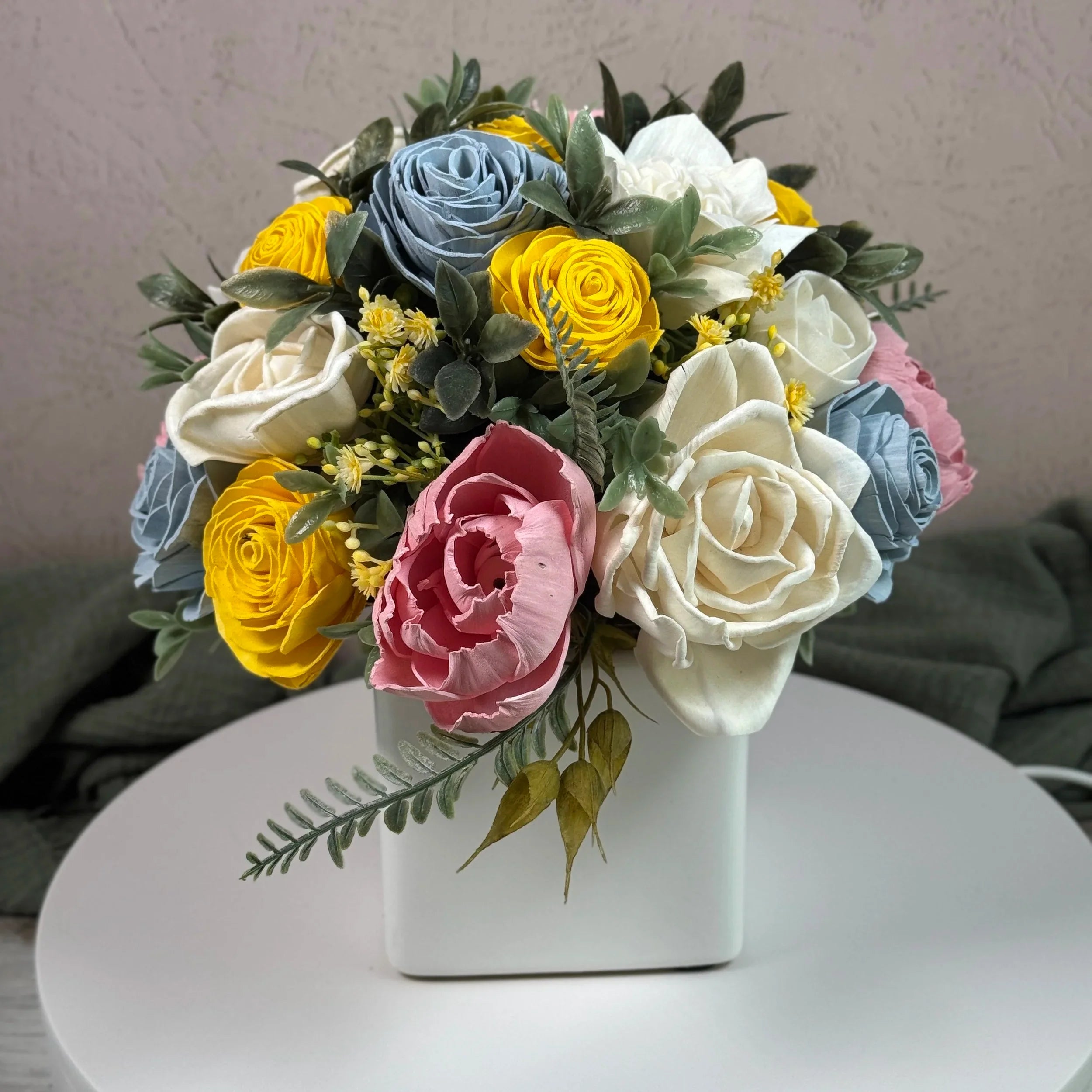 White Planter | Yellow,Blue,Pink - Sola Wood Flowers | Handcrafted in Austin, TX by Sola Flower Sam