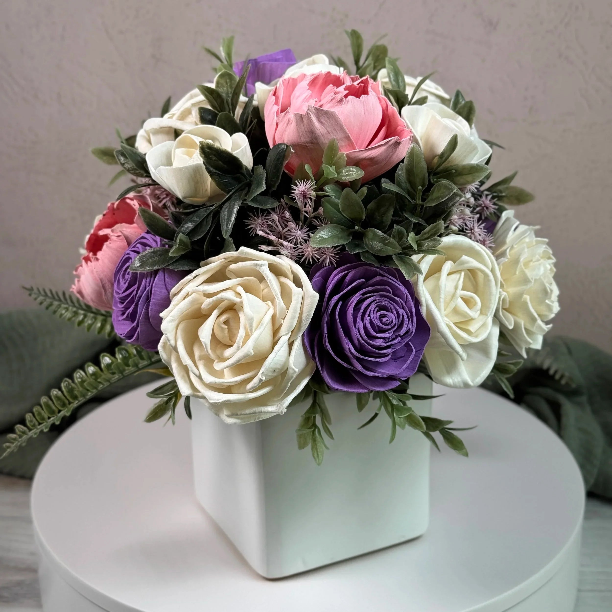 White Planter | Purple,Pink - Sola Wood Flowers | Handcrafted in Austin, TX by Sola Flower Sam