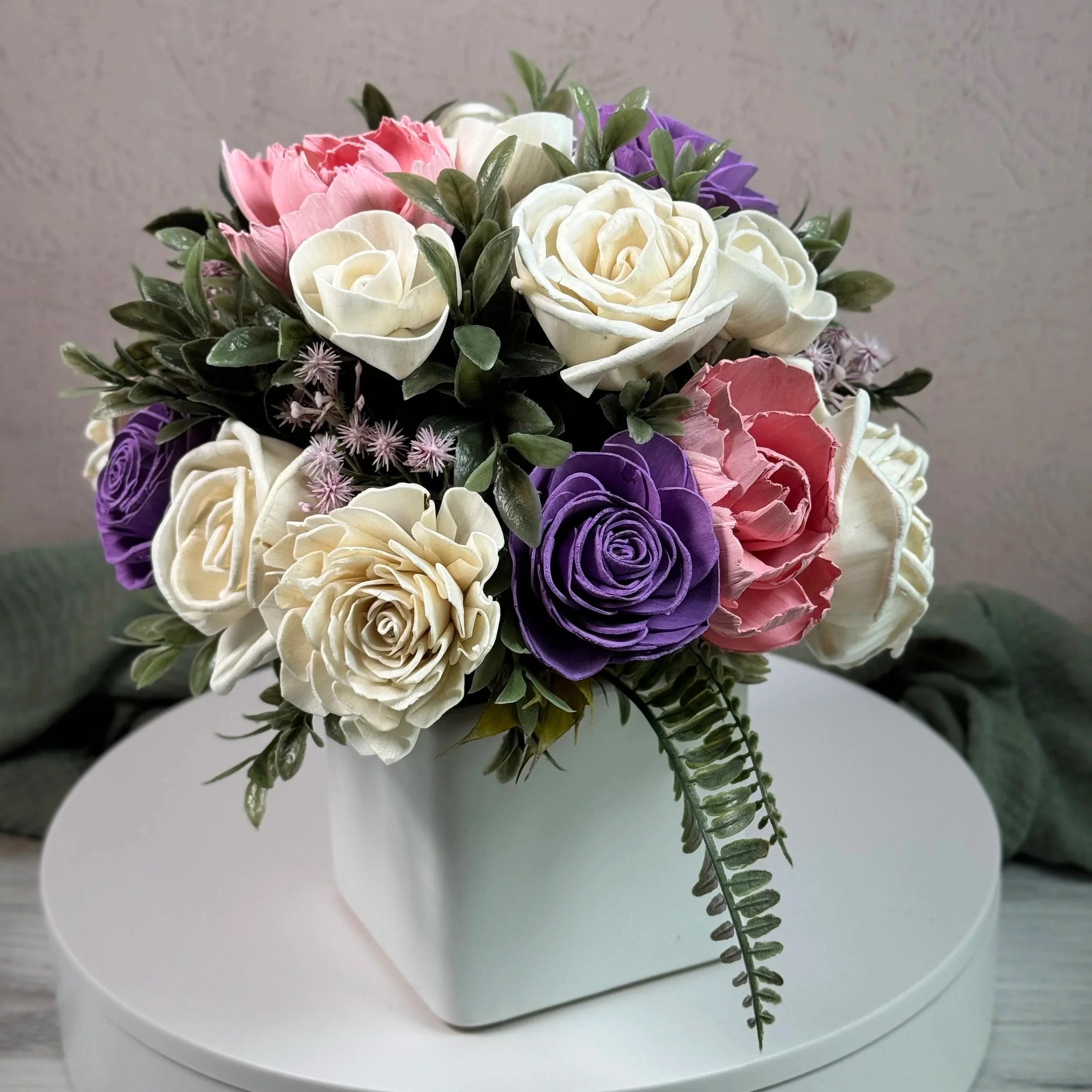 White Planter | Purple,Pink - Sola Wood Flowers | Handcrafted in Austin, TX by Sola Flower Sam