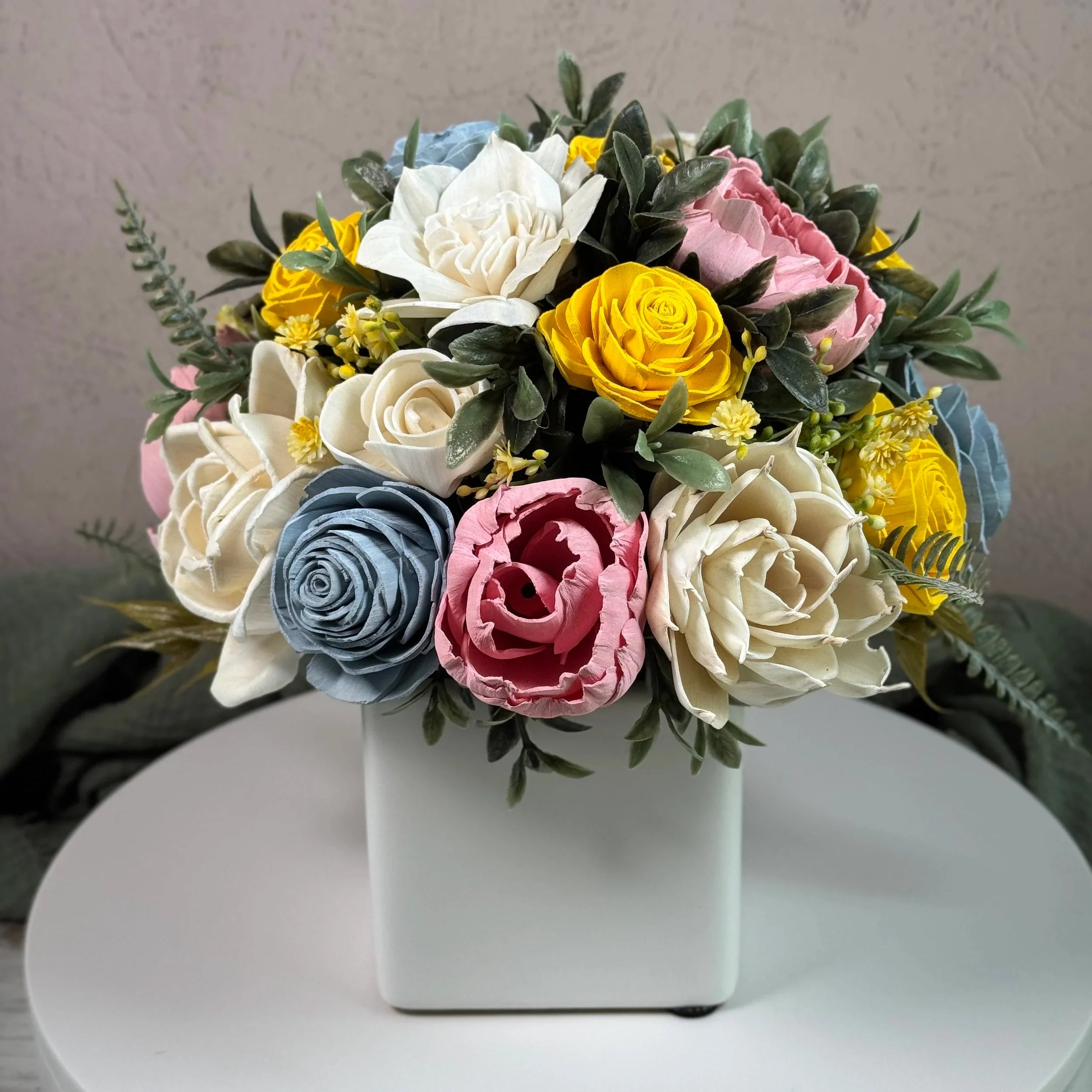 White Planter | Yellow,Blue,Pink - Sola Wood Flowers | Handcrafted in Austin, TX by Sola Flower Sam