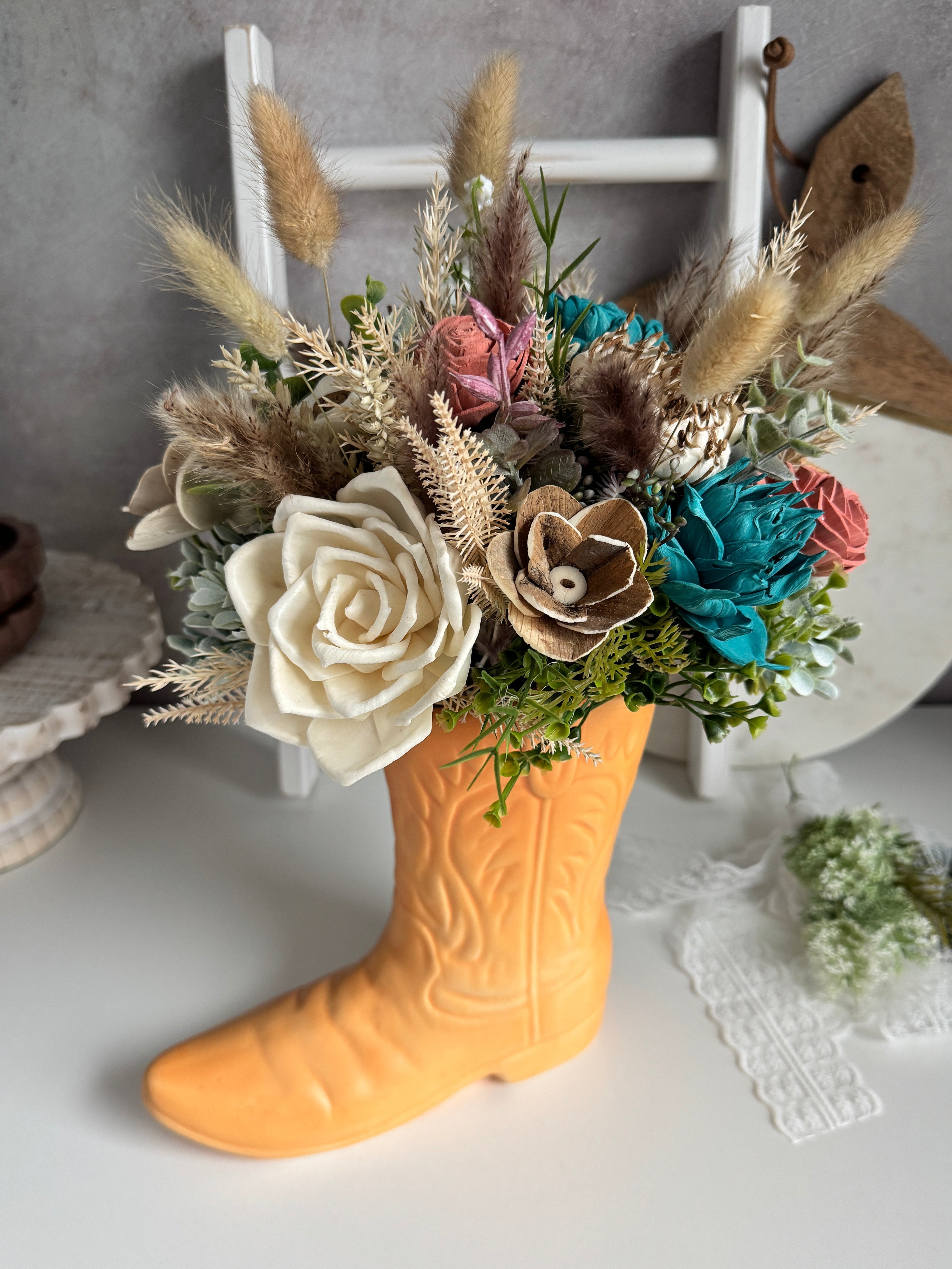 Boot Centerpiece – Sunburst Chic - Sola Wood Flowers | Handcrafted in Austin, TX by Sola Flower Sam
