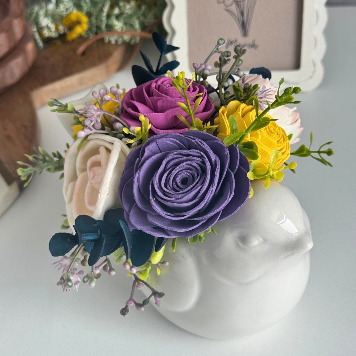 Eloise Burgundy & Purple Sola Wood Flowers in Pink Bird Vase - Sola Wood Flowers | Handcrafted in Austin, TX by Sola Flower Sam